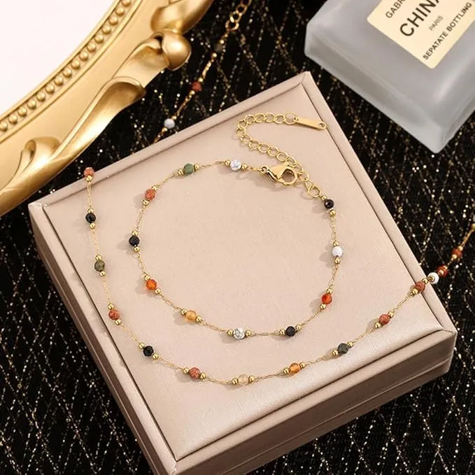 SDFWGG 2 Pezzi Set Gioielli Donna Collana Bracciale con Perline in Pietra Naturale Parure Elegante Collana e Orecchini a Goccia Set Gioielli Donna Goccia - immagine 3