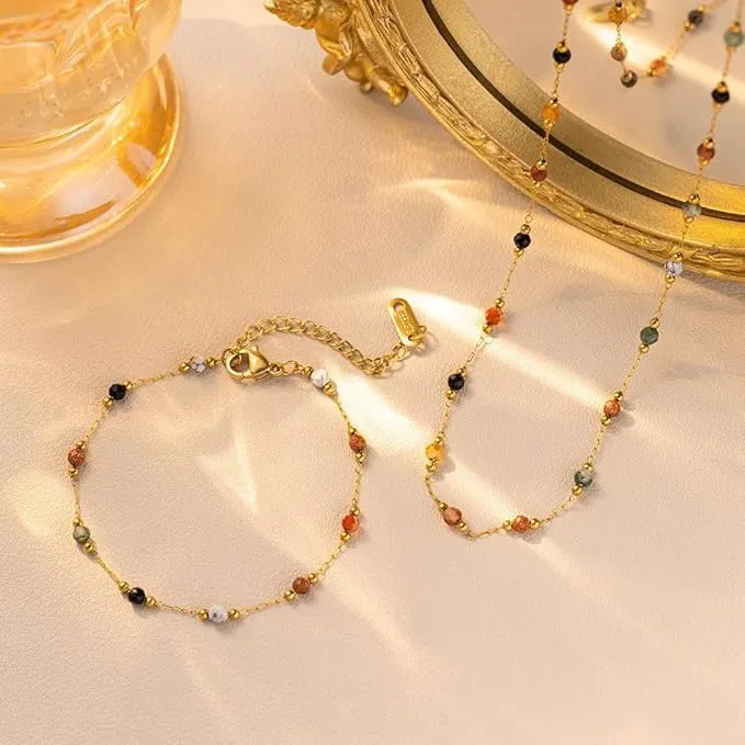 SDFWGG 2 Pezzi Set Gioielli Donna Collana Bracciale con Perline in Pietra Naturale Parure Elegante Collana e Orecchini a Goccia Set Gioielli Donna Goccia - immagine 5