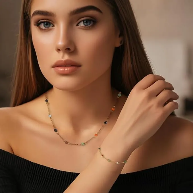SDFWGG 2 Pezzi Set Gioielli Donna Collana Bracciale con Perline in Pietra Naturale Parure Elegante Collana e Orecchini a Goccia Set Gioielli Donna Goccia - immagine 7