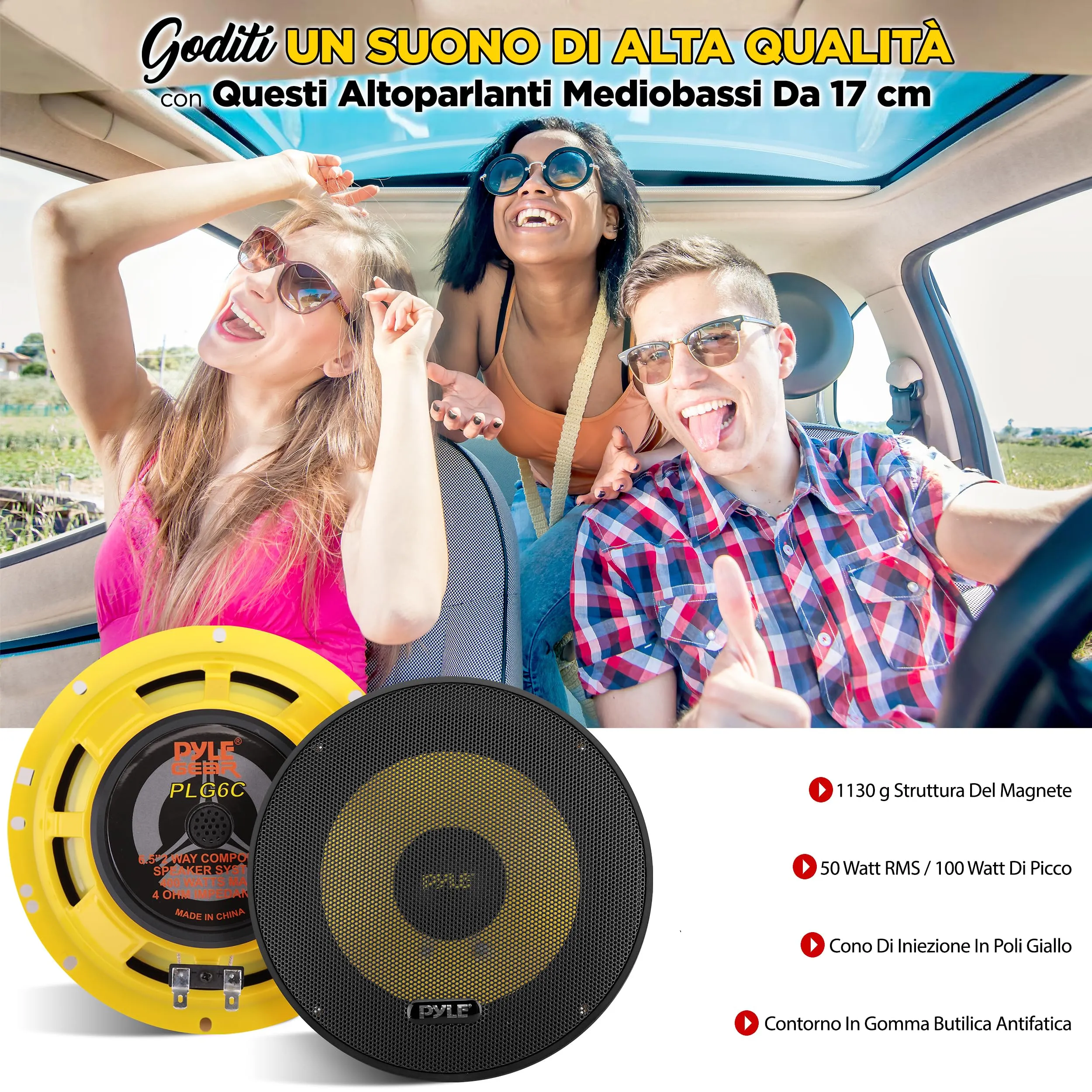 Pyle Sistema di Altoparlanti Personalizzati 2 Vie, 16,5 Centimetri, Casse Auto 400 Watt, Stereo Struttura in Plastica Elettroplaccatura, Gomma Butilica e Magneto da 1,13 Chilogrammi - immagine 6