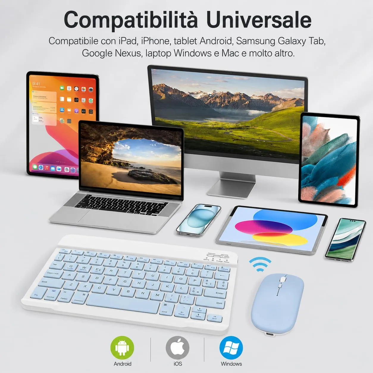 SOPPY Tastiera e Mouse Bluetooth Portatili, Mini Tastiera Ricaricabile, Tastiera Wireless per iPad/Samsung Tab/Lenovo Tab/iOS/Android/Windows, Layout Italiano (Blu) - immagine 2