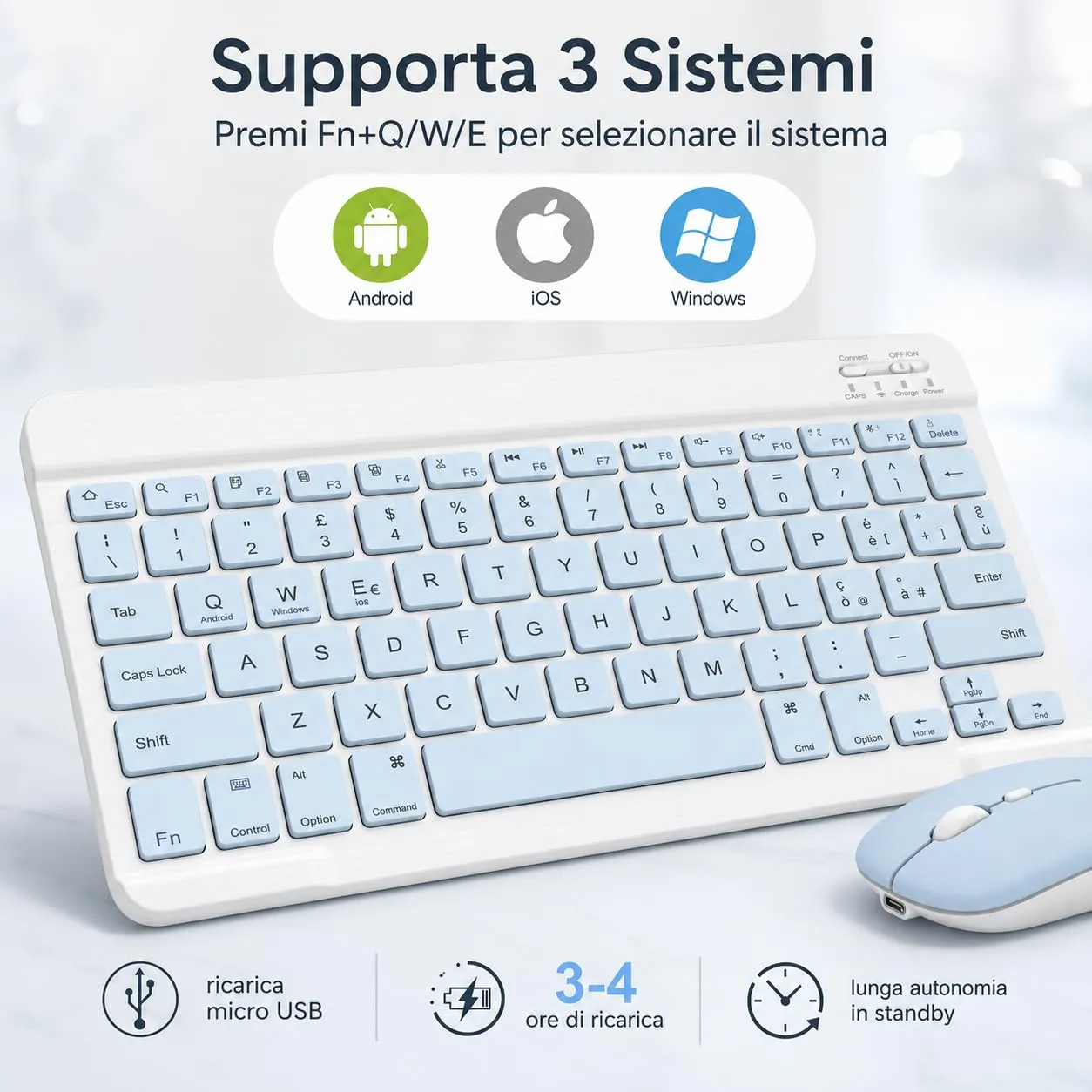 SOPPY Tastiera e Mouse Bluetooth Portatili, Mini Tastiera Ricaricabile, Tastiera Wireless per iPad/Samsung Tab/Lenovo Tab/iOS/Android/Windows, Layout Italiano (Blu) - immagine 3