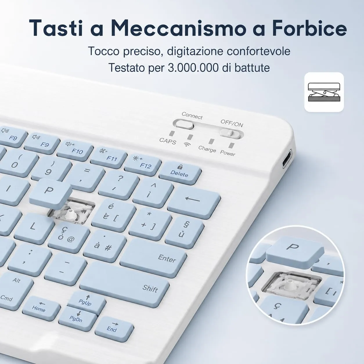 SOPPY Tastiera e Mouse Bluetooth Portatili, Mini Tastiera Ricaricabile, Tastiera Wireless per iPad/Samsung Tab/Lenovo Tab/iOS/Android/Windows, Layout Italiano (Blu) - immagine 4