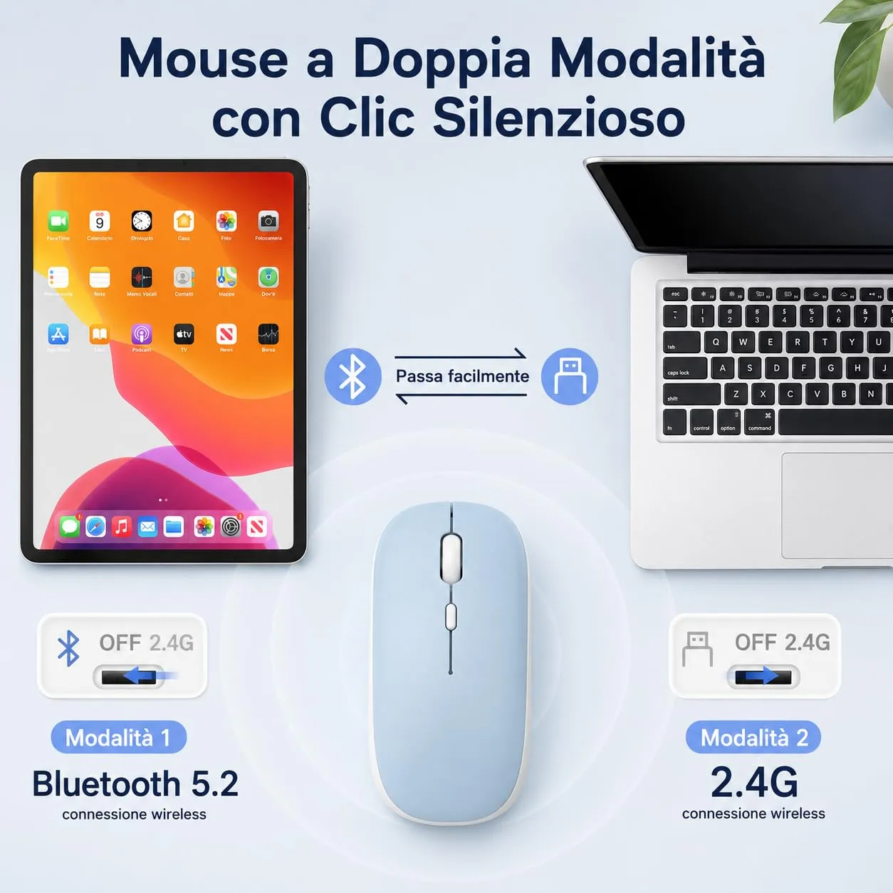 SOPPY Tastiera e Mouse Bluetooth Portatili, Mini Tastiera Ricaricabile, Tastiera Wireless per iPad/Samsung Tab/Lenovo Tab/iOS/Android/Windows, Layout Italiano (Blu) - immagine 5