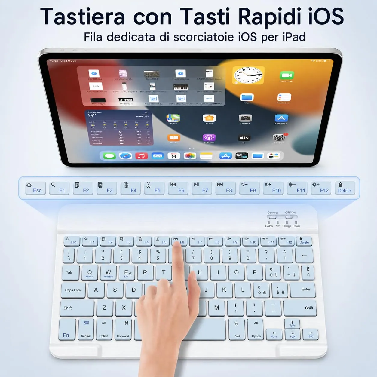 SOPPY Tastiera e Mouse Bluetooth Portatili, Mini Tastiera Ricaricabile, Tastiera Wireless per iPad/Samsung Tab/Lenovo Tab/iOS/Android/Windows, Layout Italiano (Blu) - immagine 6