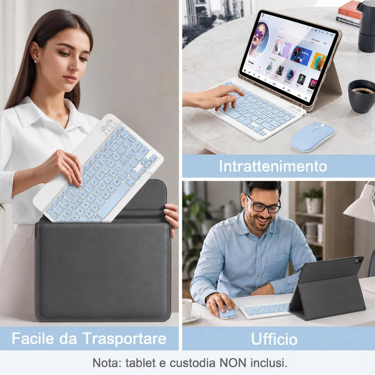 SOPPY Tastiera e Mouse Bluetooth Portatili, Mini Tastiera Ricaricabile, Tastiera Wireless per iPad/Samsung Tab/Lenovo Tab/iOS/Android/Windows, Layout Italiano (Blu) - immagine 7