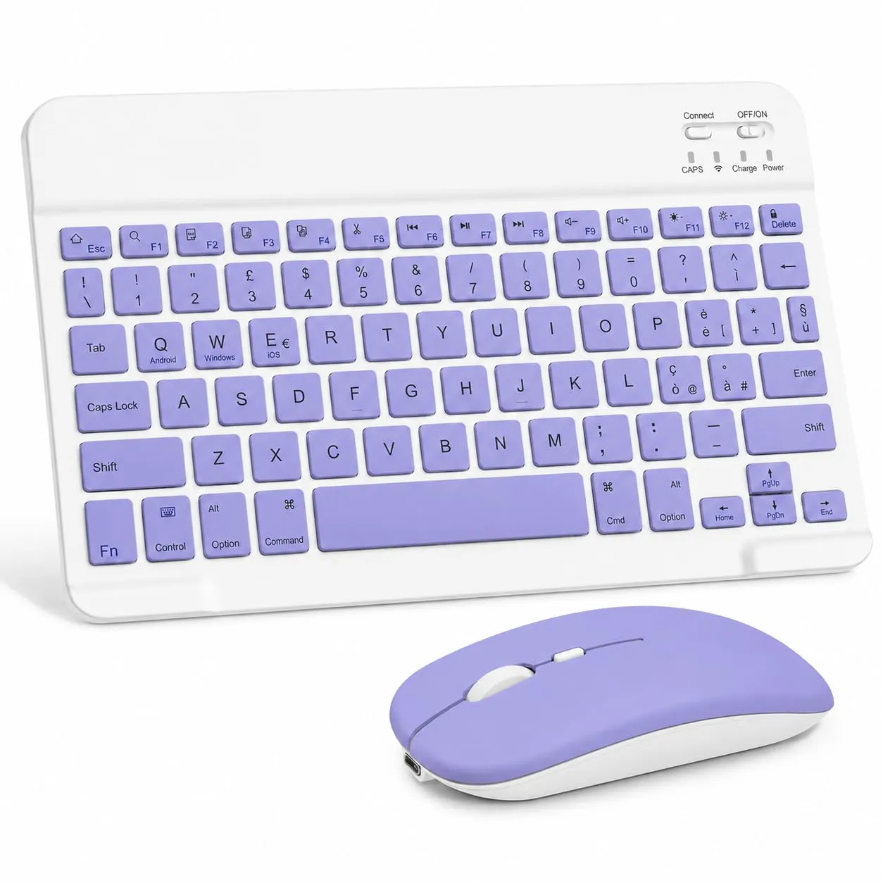 SOPPY Tastiera e Mouse Bluetooth Portatili, Mini Tastiera Ricaricabile, Tastiera Wireless per iPad/Samsung Tab/Lenovo Tab/iOS/Android/Windows, Layout Italiano (Viola) - immagine 1
