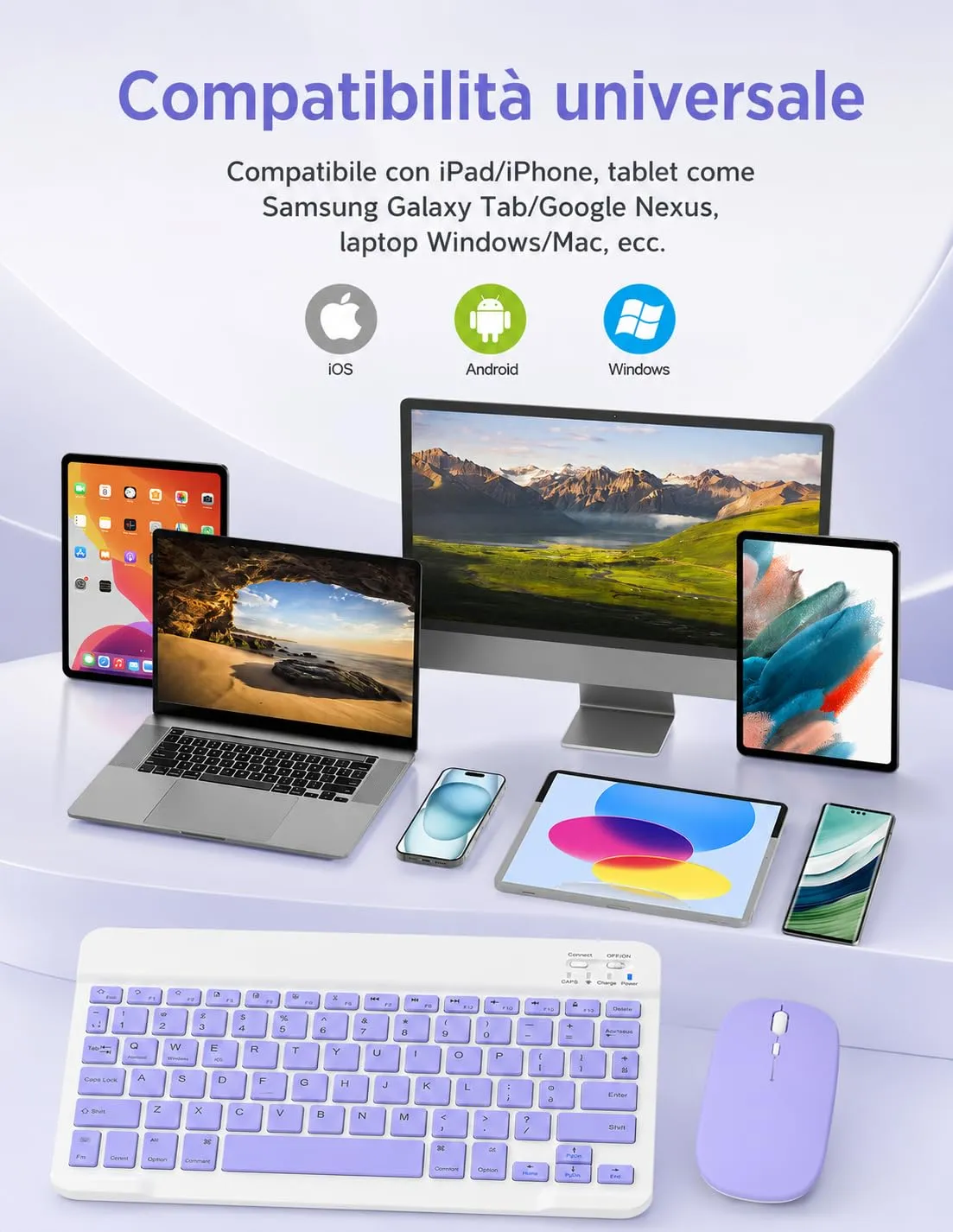 SOPPY Tastiera e Mouse Bluetooth Portatili, Mini Tastiera Ricaricabile, Tastiera Wireless per iPad/Samsung Tab/Lenovo Tab/iOS/Android/Windows, Layout Italiano (Viola) - immagine 2