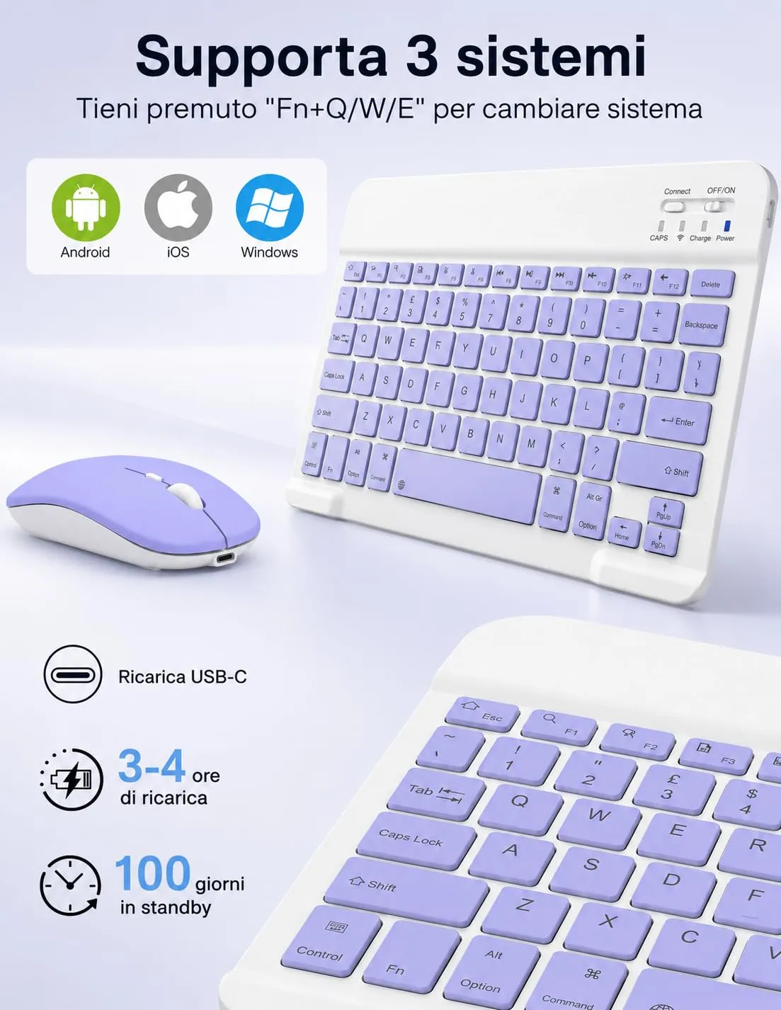 SOPPY Tastiera e Mouse Bluetooth Portatili, Mini Tastiera Ricaricabile, Tastiera Wireless per iPad/Samsung Tab/Lenovo Tab/iOS/Android/Windows, Layout Italiano (Viola) - immagine 3