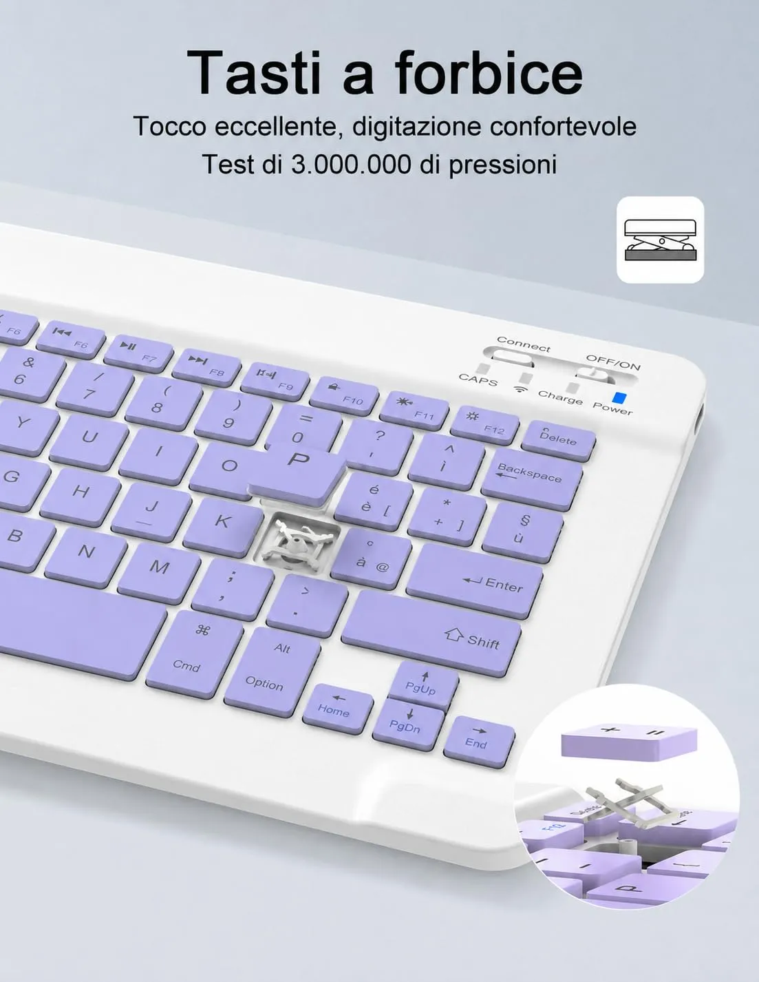 SOPPY Tastiera e Mouse Bluetooth Portatili, Mini Tastiera Ricaricabile, Tastiera Wireless per iPad/Samsung Tab/Lenovo Tab/iOS/Android/Windows, Layout Italiano (Viola) - immagine 4