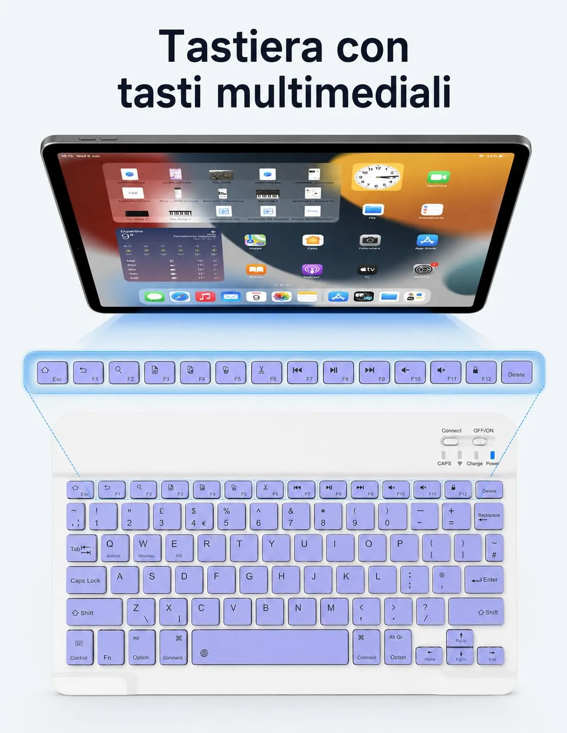 SOPPY Tastiera e Mouse Bluetooth Portatili, Mini Tastiera Ricaricabile, Tastiera Wireless per iPad/Samsung Tab/Lenovo Tab/iOS/Android/Windows, Layout Italiano (Viola) - immagine 6