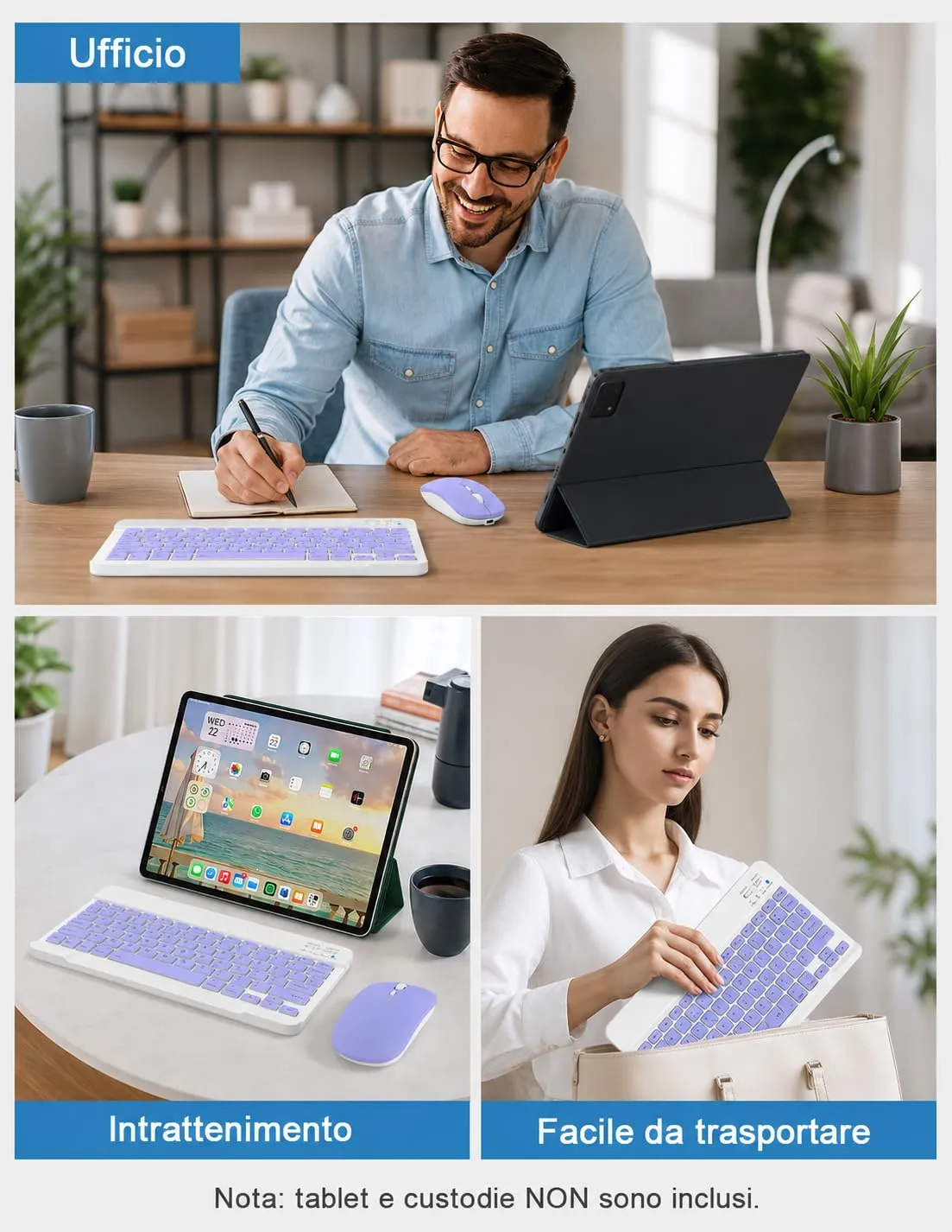 SOPPY Tastiera e Mouse Bluetooth Portatili, Mini Tastiera Ricaricabile, Tastiera Wireless per iPad/Samsung Tab/Lenovo Tab/iOS/Android/Windows, Layout Italiano (Viola) - immagine 7