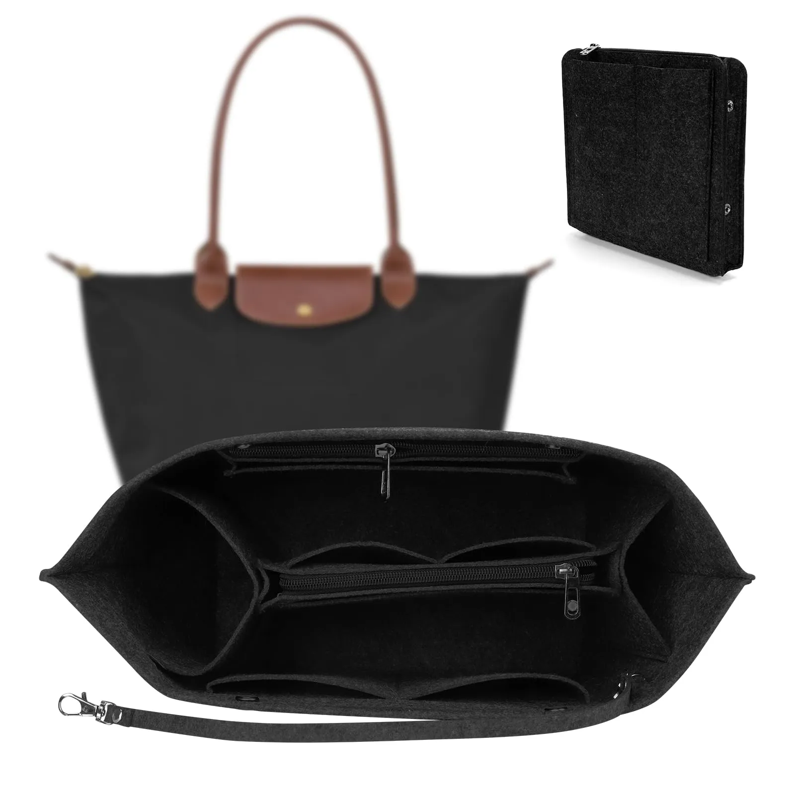 ZOLGINAH Organizer per borse, per Longchamp, con portachiavi e chiusura lampo, impermeabile, multitasche, tasche interne (nero, L) - immagine 1