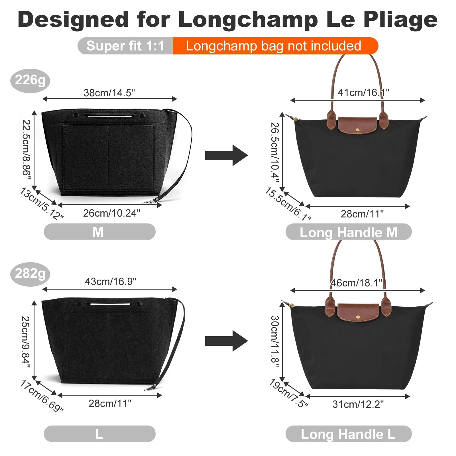 ZOLGINAH Organizer per borse, per Longchamp, con portachiavi e chiusura lampo, impermeabile, multitasche, tasche interne (nero, L) - immagine 2