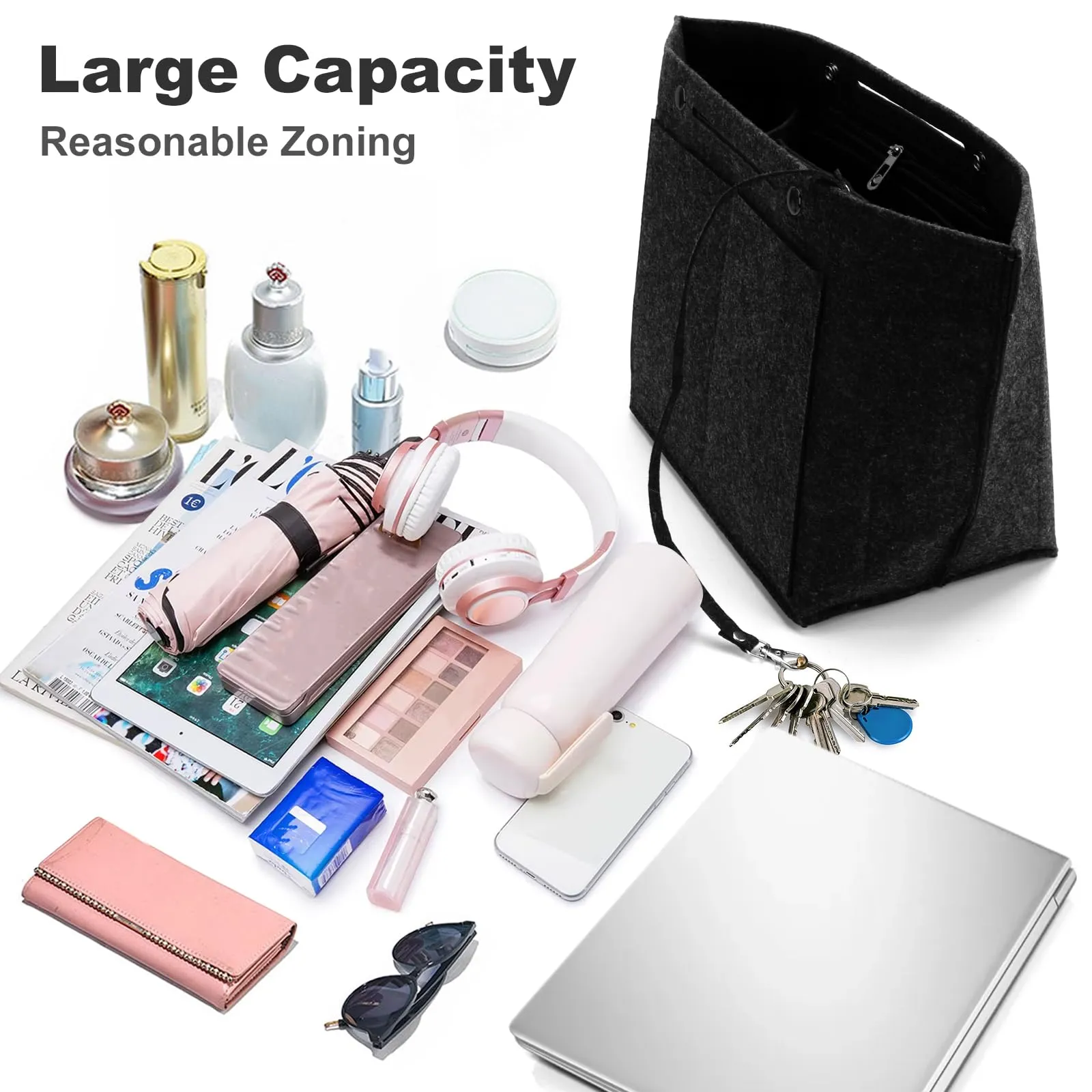 ZOLGINAH Organizer per borse, per Longchamp, con portachiavi e chiusura lampo, impermeabile, multitasche, tasche interne (nero, L) - immagine 3
