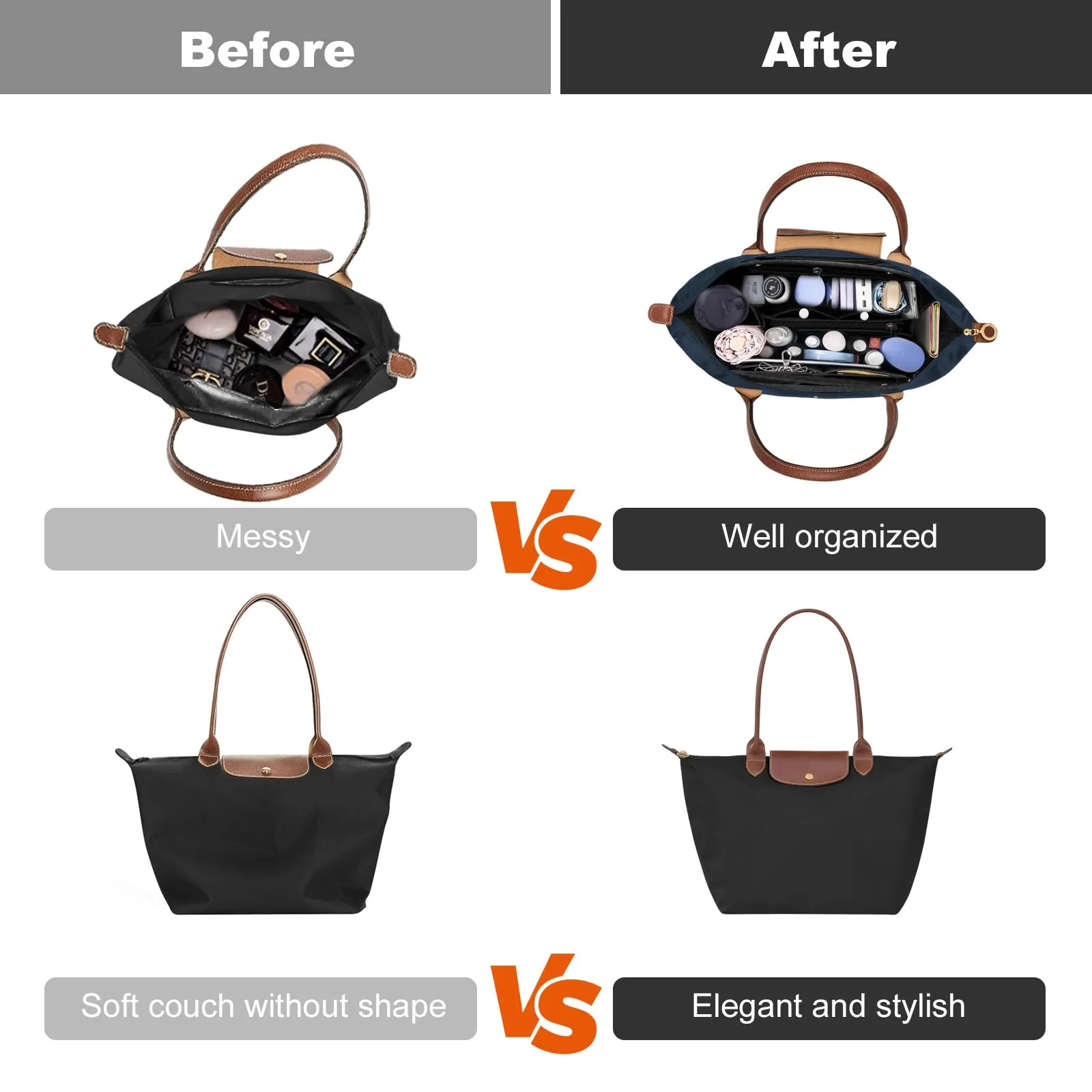 ZOLGINAH Organizer per borse, per Longchamp, con portachiavi e chiusura lampo, impermeabile, multitasche, tasche interne (nero, L) - immagine 6