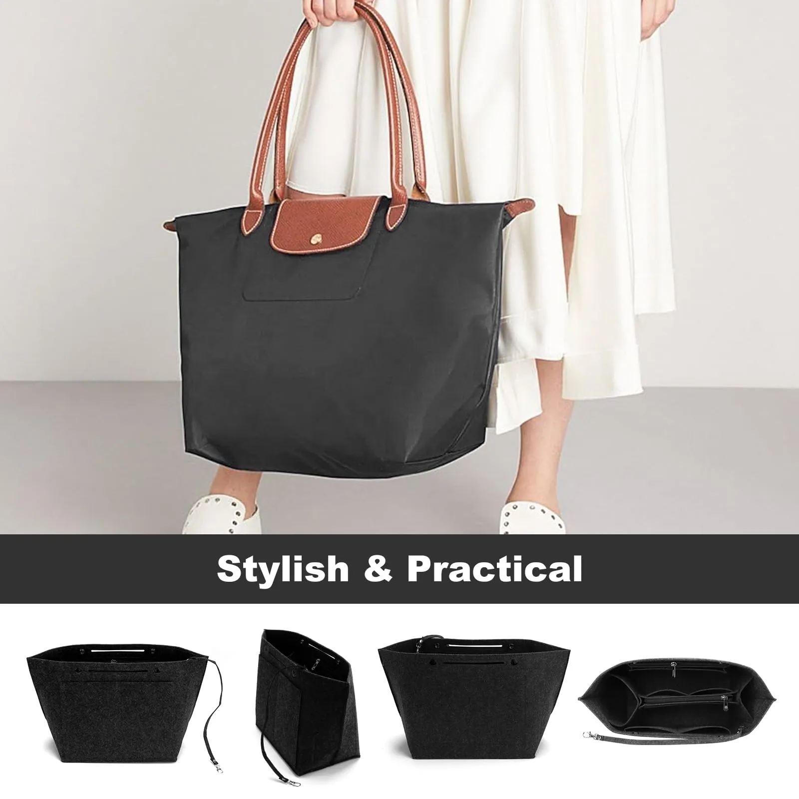 ZOLGINAH Organizer per borse, per Longchamp, con portachiavi e chiusura lampo, impermeabile, multitasche, tasche interne (nero, L) - immagine 7