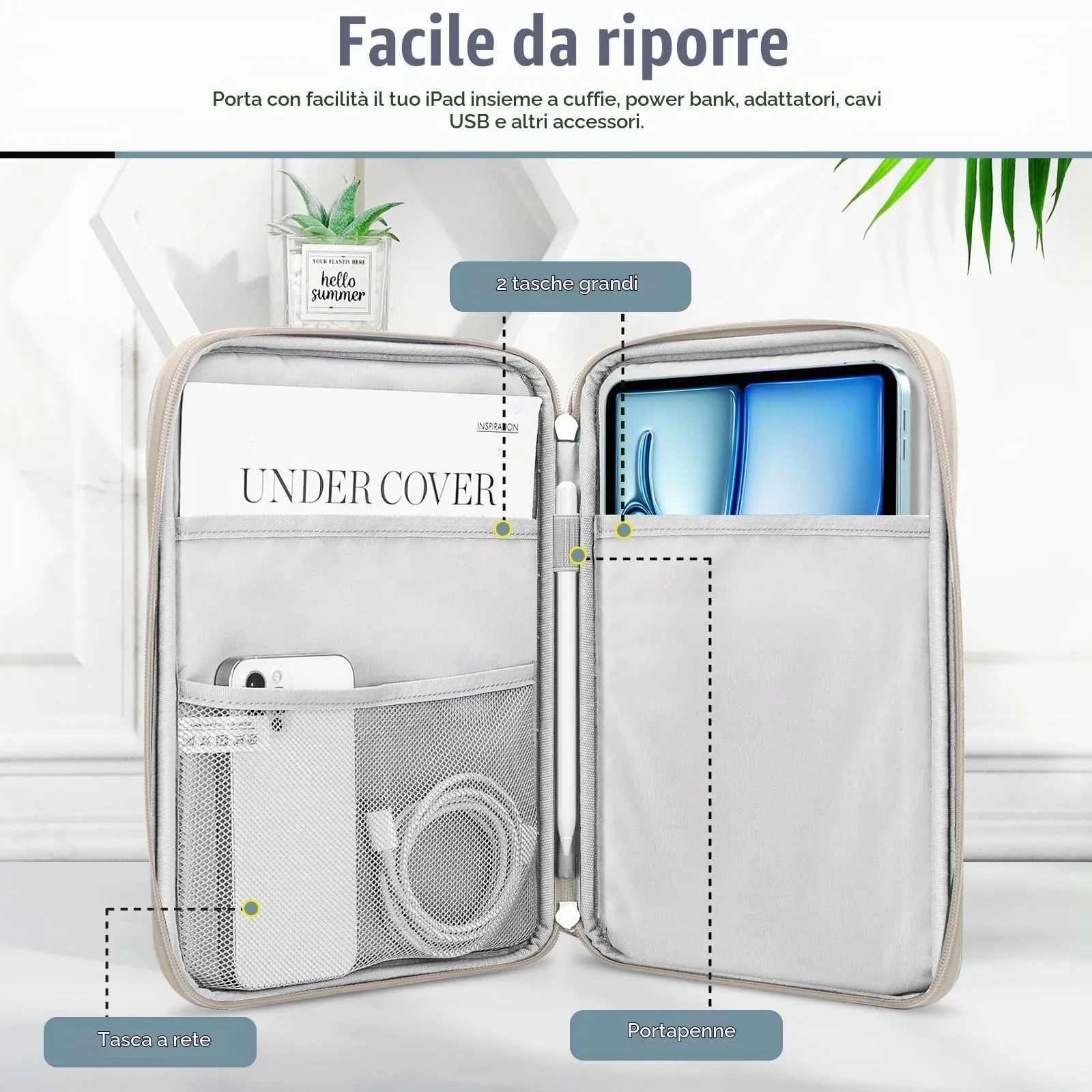 TiMOVO Custodia Tablet 9-11 Pollici con Tasca, Crema Kaki Scacchiato - immagine 3