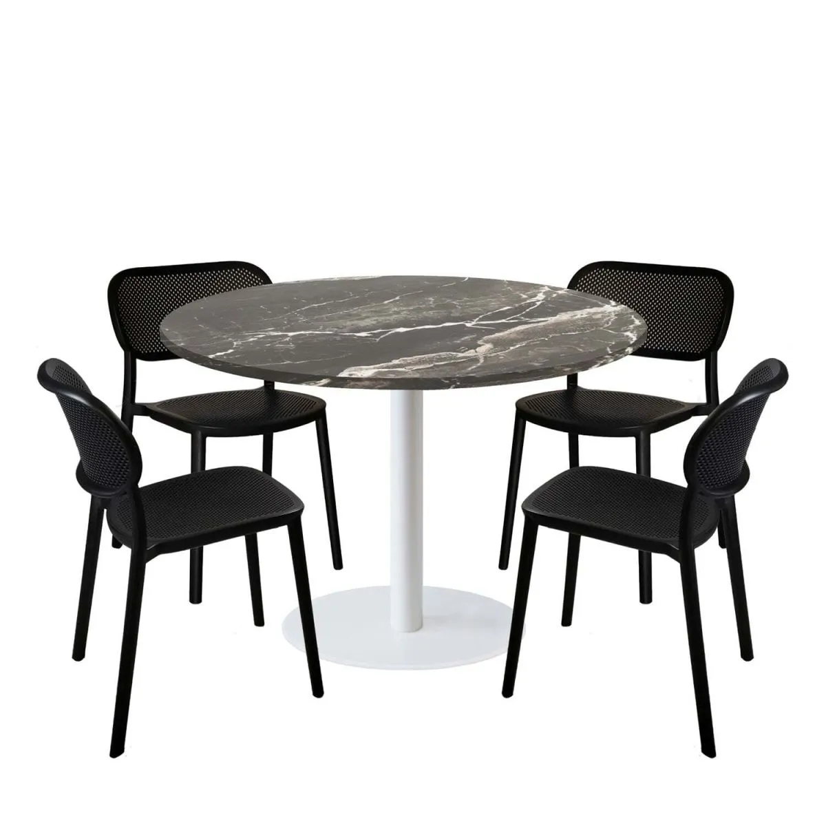 RestooTab Set tavolo Rome XL rotondo base bianco con 4 sedie - laminato pietra; 120x120x75x120 cm (LxLxHxØ); nero/marrone/marmorizzato; struttura nero; rotonda - immagine 1