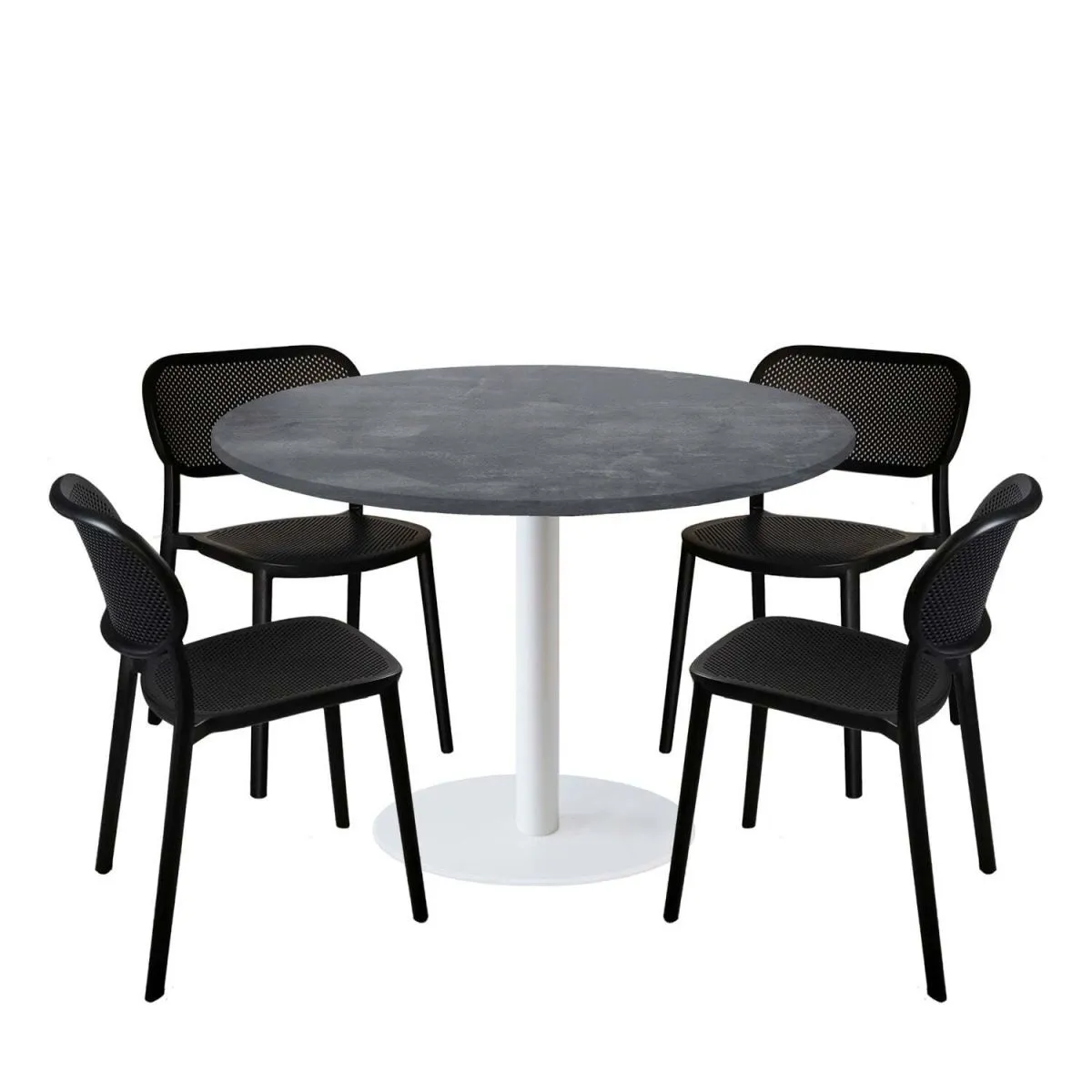 RestooTab Set tavolo Rome XL rotondo base bianco con 4 sedie - laminato pietra; 120x120x75x120 cm (LxLxHxØ); grigio pietra; struttura nero; rotonda - immagine 1