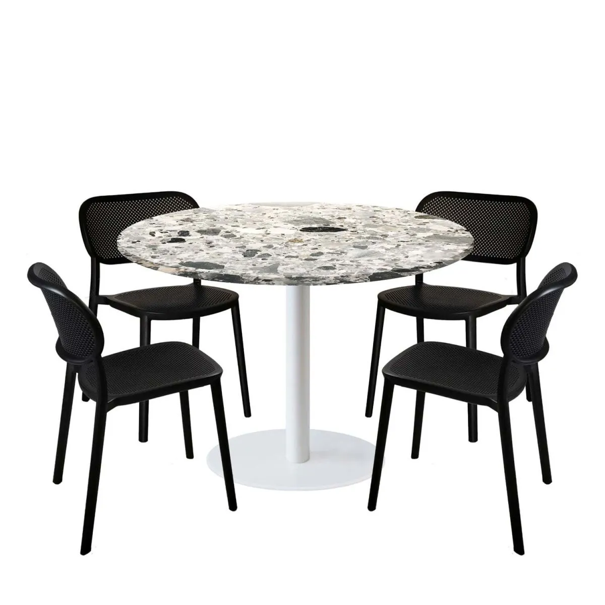 RestooTab Set tavolo Rome XL rotondo base bianco con 4 sedie - laminato pietra; 120x120x75x120 cm (LxLxHxØ); grigio/terazzo; struttura nero; rotonda - immagine 1