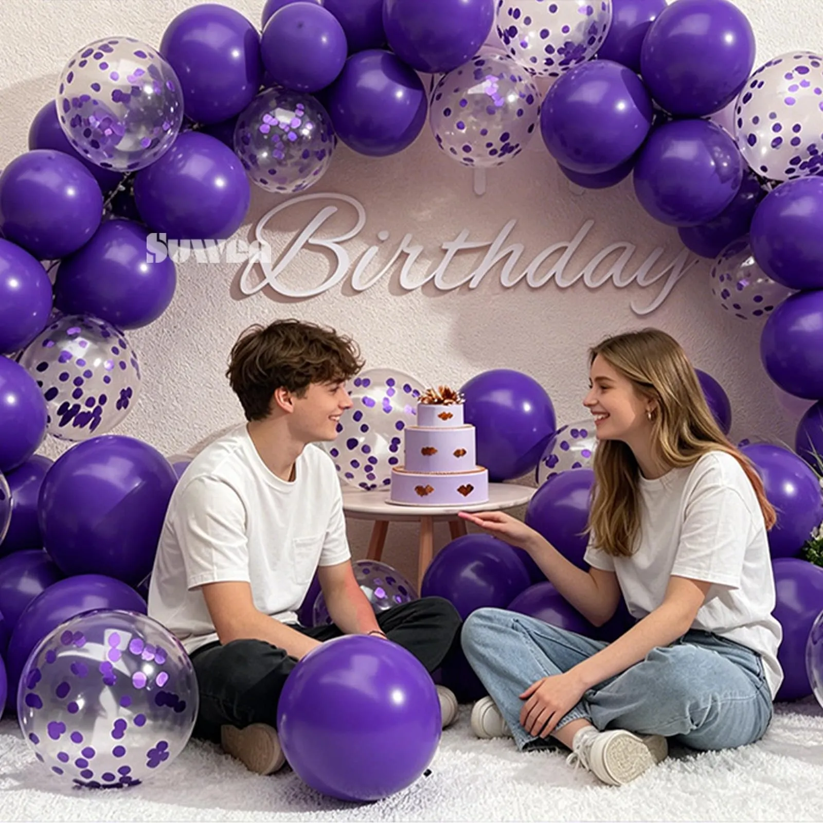 SUWEN 47Pcs Viola Scuro Lattice Confetti Palloncini Set - immagine 4