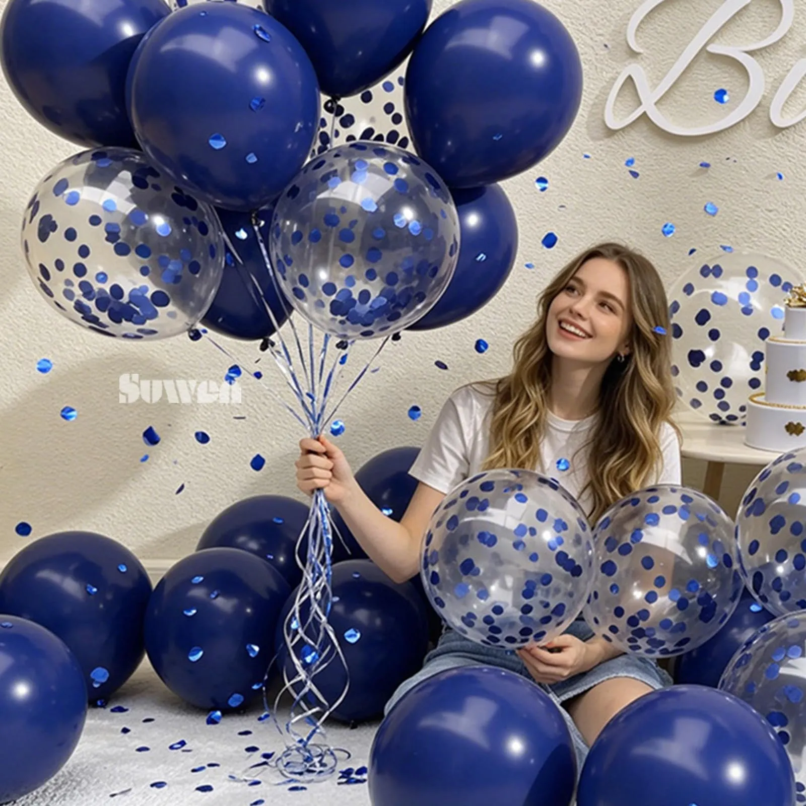 SUWEN 47Pcs Blu Marino Lattice Confetti Palloncini Set - immagine 2