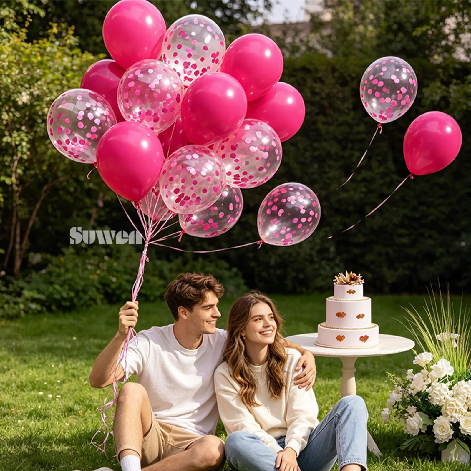 SUWEN 47Pcs Rosa Vivace Lattice Confetti Palloncini Set - immagine 2