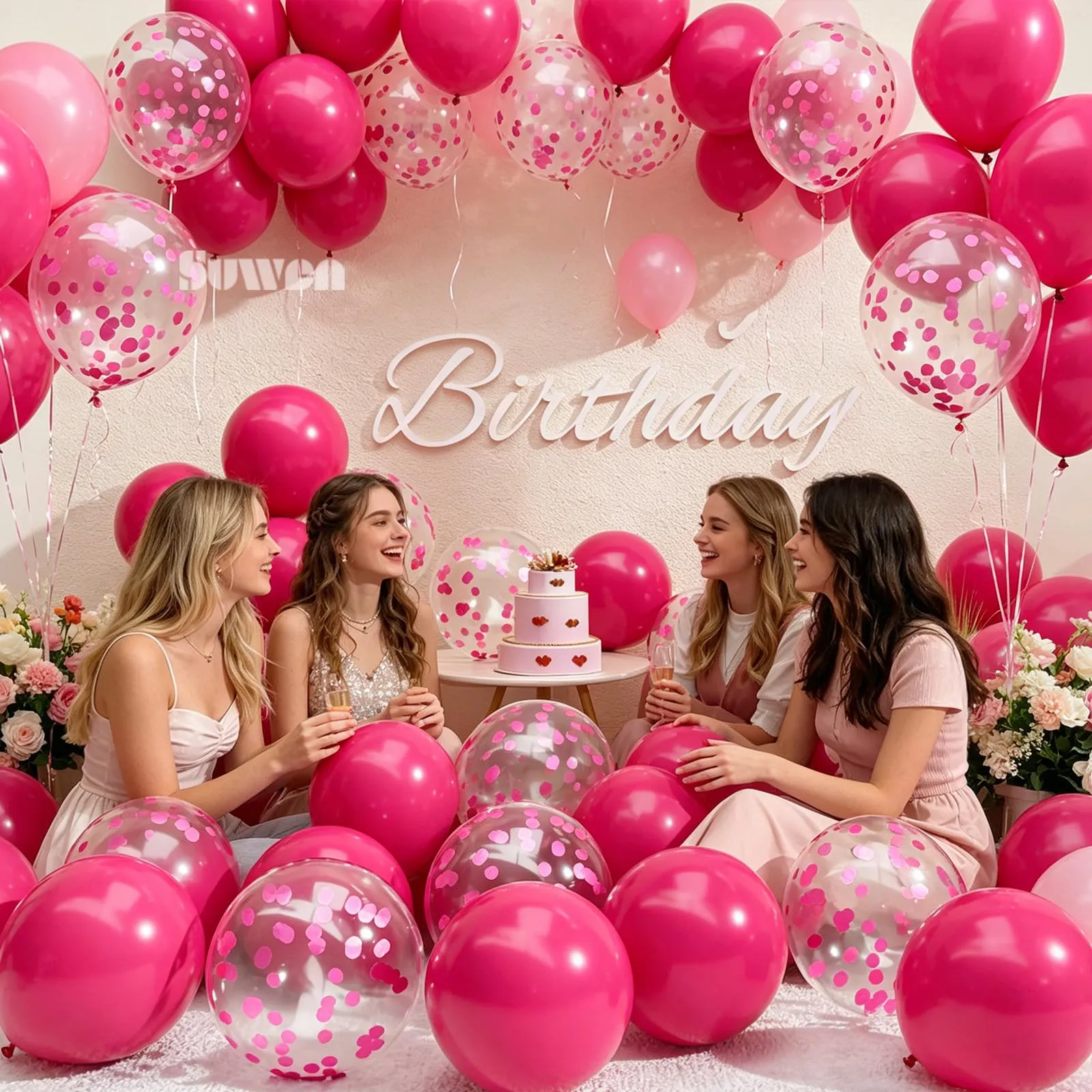 SUWEN 47Pcs Rosa Vivace Lattice Confetti Palloncini Set - immagine 4