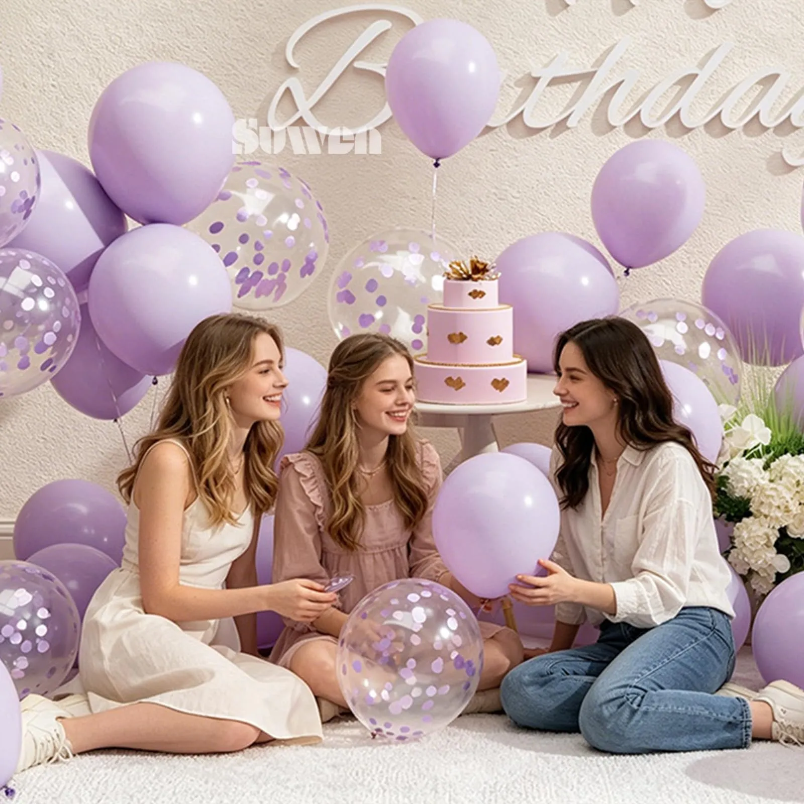 SUWEN 47Pcs Viola Chiaro Lattice Confetti Palloncini Set - immagine 2
