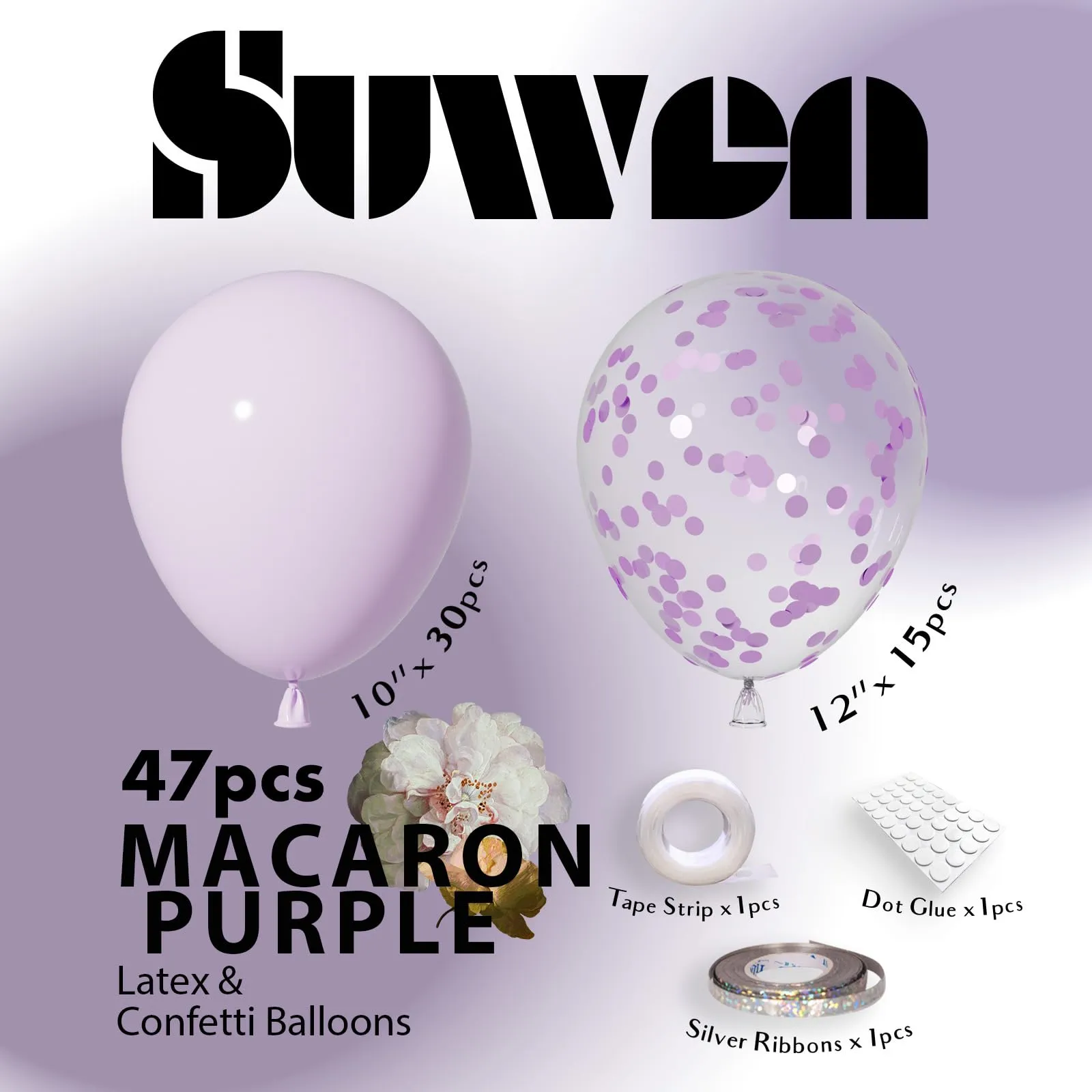 SUWEN 47Pcs Viola Chiaro Lattice Confetti Palloncini Set - immagine 3