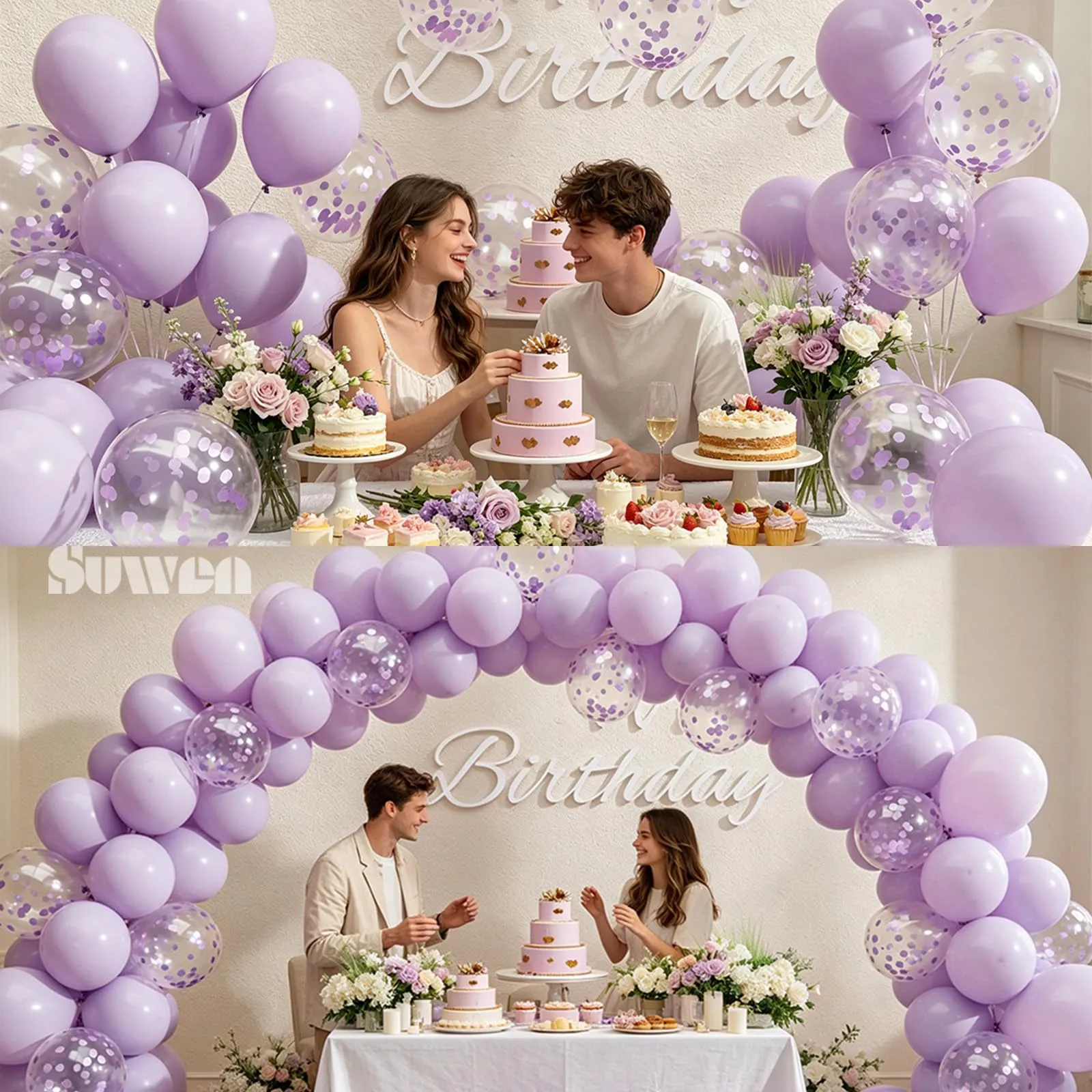 SUWEN 47Pcs Viola Chiaro Lattice Confetti Palloncini Set - immagine 4