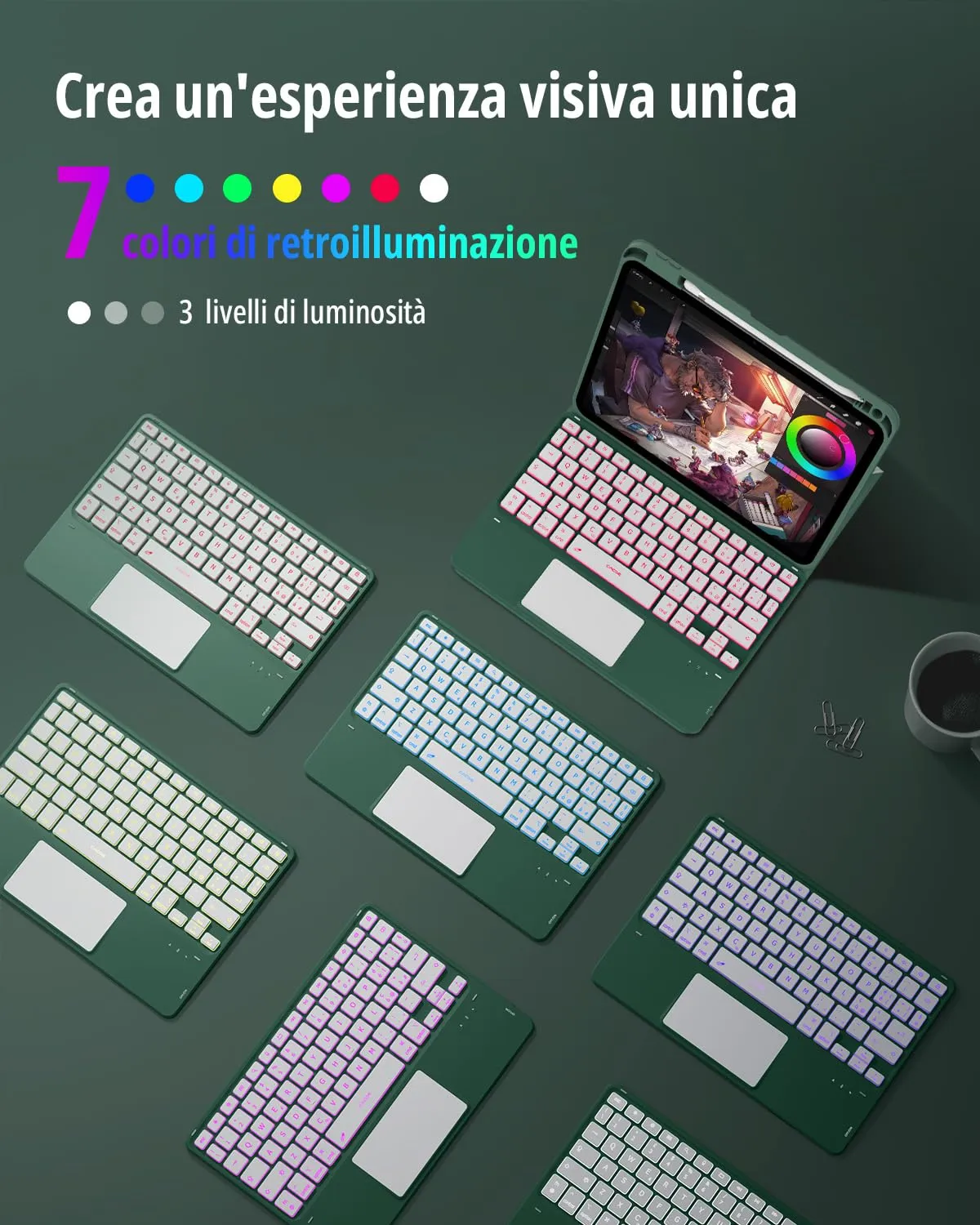 CACOE Cover con Tastiera iPad 11 Generazione (A16) 2025 11" / 10 Generazione 2022 10.9'' con Touchpad [Italiano] Wireless Staccabile (Verde, iPad A16/iPad 10) - immagine 3