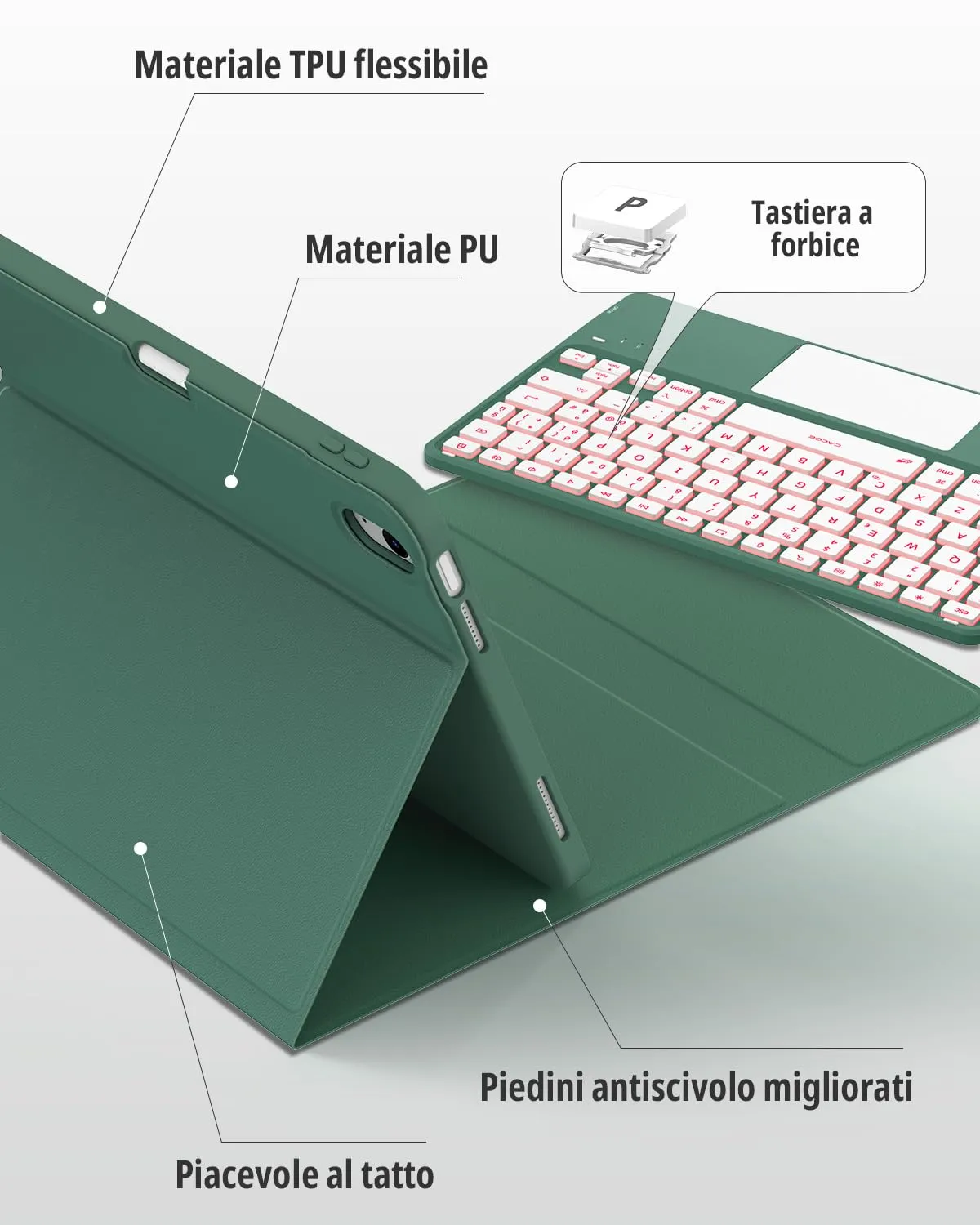 CACOE Cover con Tastiera iPad 11 Generazione (A16) 2025 11" / 10 Generazione 2022 10.9'' con Touchpad [Italiano] Wireless Staccabile (Verde, iPad A16/iPad 10) - immagine 7