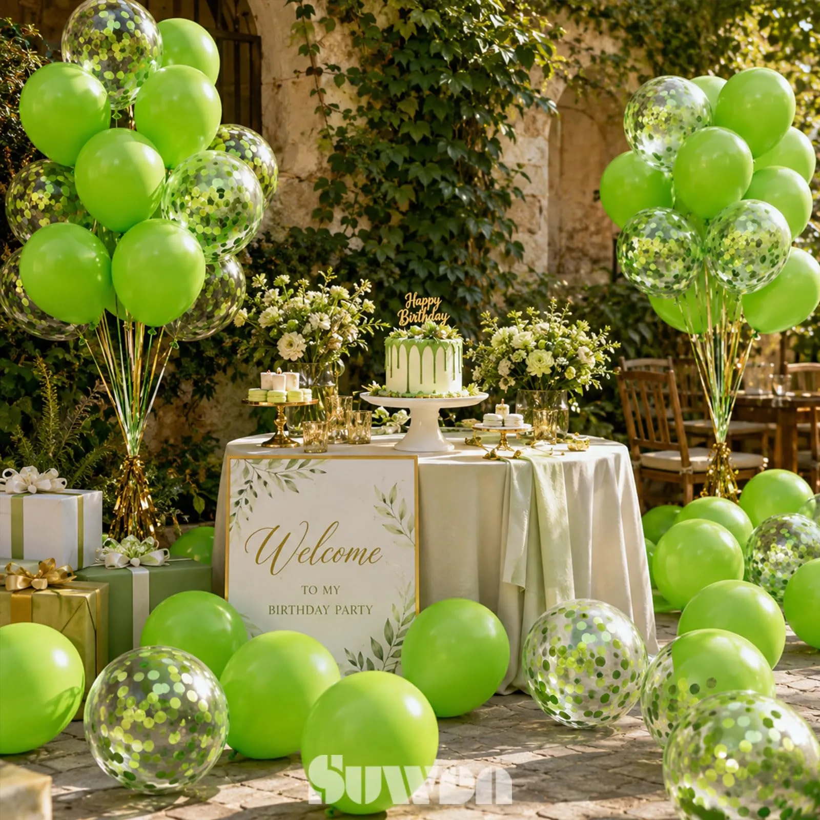 SUWEN 47Pcs Verde Lime Lattice Confetti Palloncini Set - immagine 2
