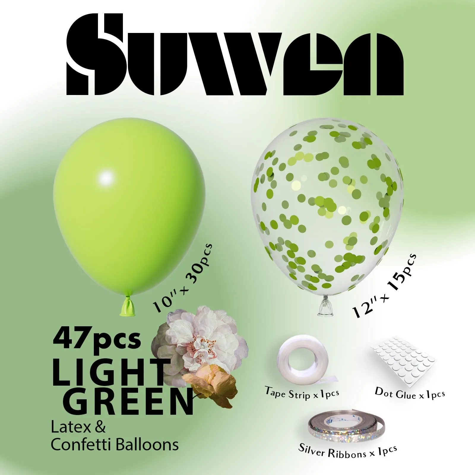 SUWEN 47Pcs Verde Lime Lattice Confetti Palloncini Set - immagine 3
