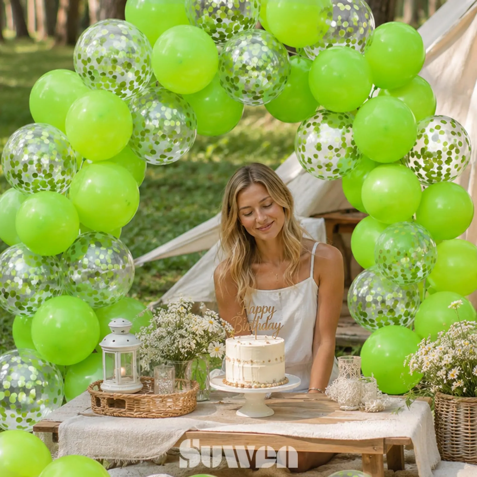 SUWEN 47Pcs Verde Lime Lattice Confetti Palloncini Set - immagine 6