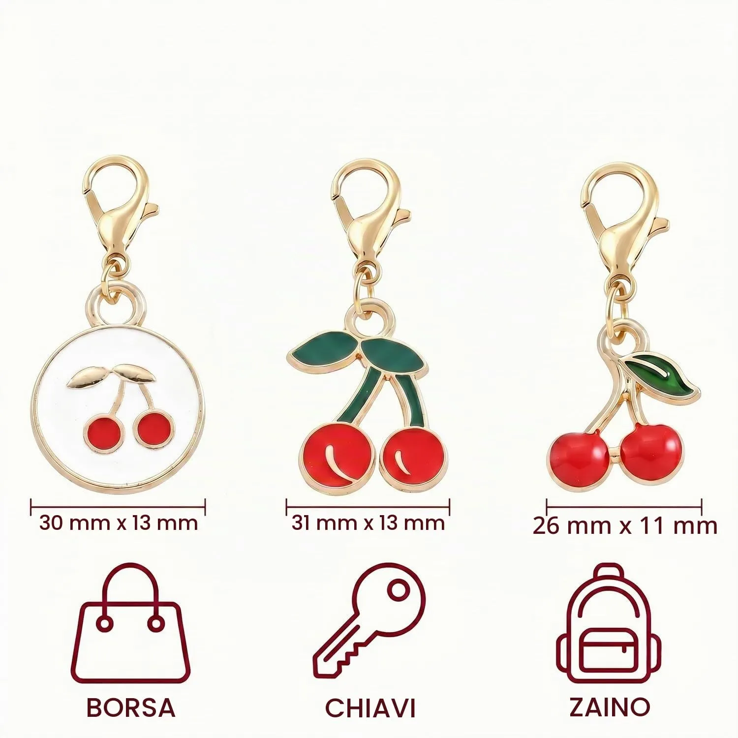 TEOZBLU 24 Pezzi Portachiavi Ciliegia in Metallo, 3 Stili Ciondolo Ciliegia Estetico per Borse e Zaini, Gadget Economici Regalo Compleanno Bambini e Invitati Festa, 30x13mm - immagine 2