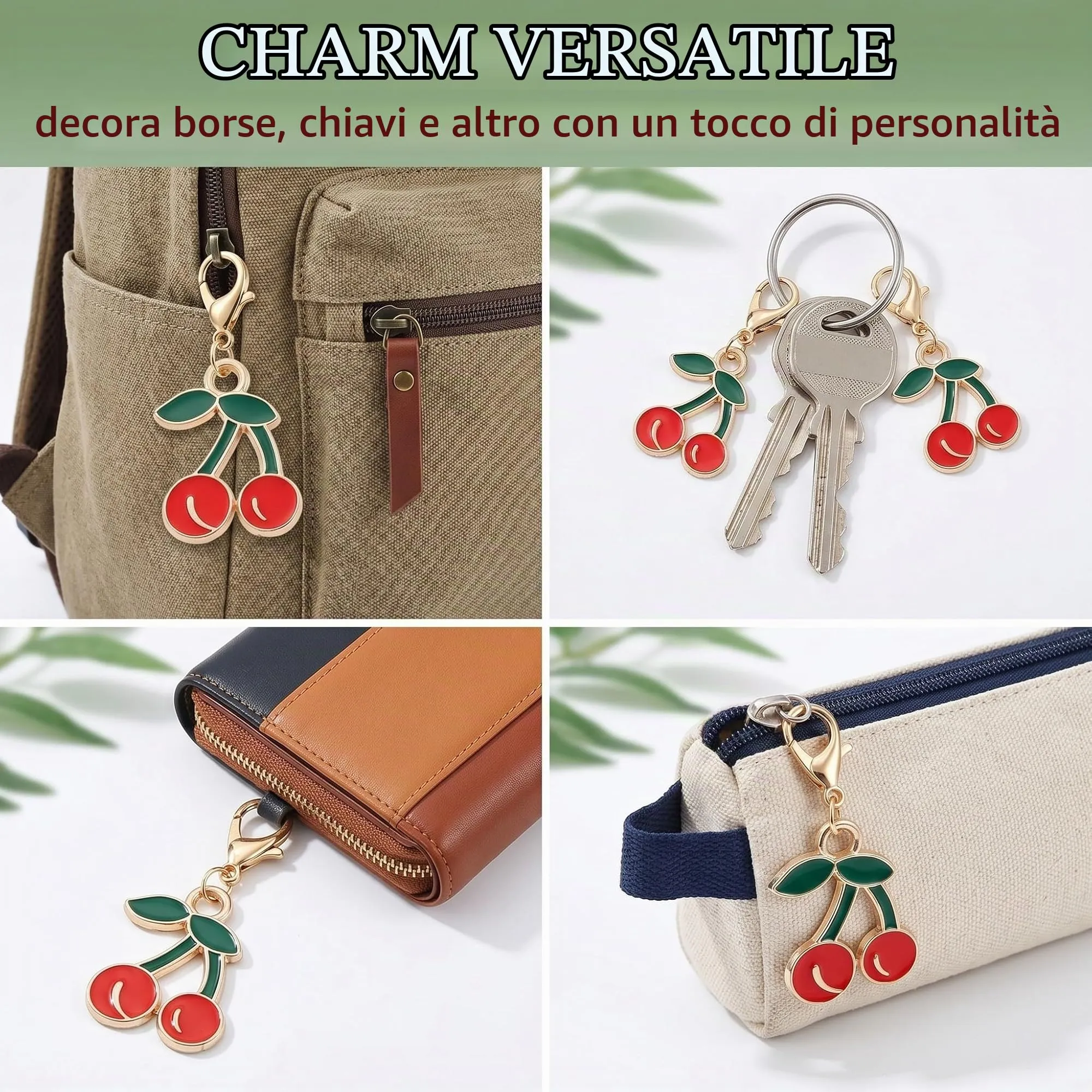 TEOZBLU 24 Pezzi Portachiavi Ciliegia in Metallo, 3 Stili Ciondolo Ciliegia Estetico per Borse e Zaini, Gadget Economici Regalo Compleanno Bambini e Invitati Festa, 30x13mm - immagine 4