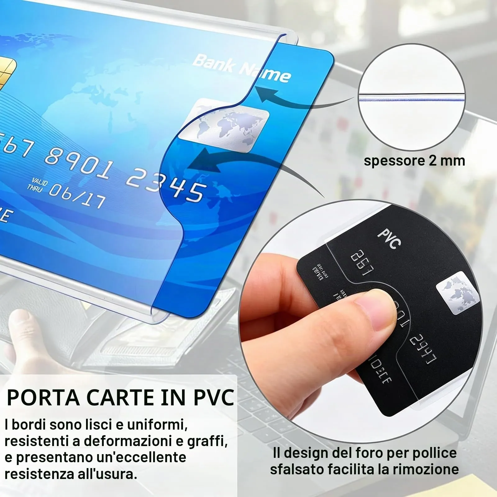 Mulbijeo 10 x Trasparenti Porta Carte, 90 x 58 mm Custodie in Porta Tessere Plastica per Portacarte di Credito, Bancomat, Documenti – con foro per il Pollice, Adatte per Portafoglio - immagine 4