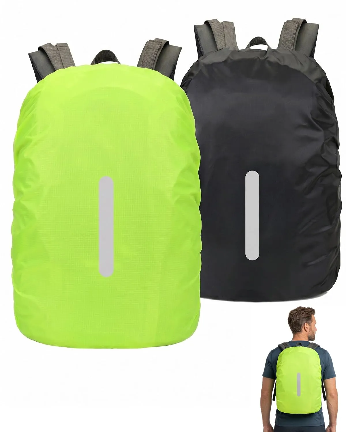 BTACGWP Copri Zaino Impermeabile 2 Pezzi, 30-40L Copri Zaino per Pioggia Riflessi Alta Visibilità Nero+Verde Fluorescente per Scuola Ciclismo Trekking - Sicurezza Notturna e Asciutto Garantito - immagine 1