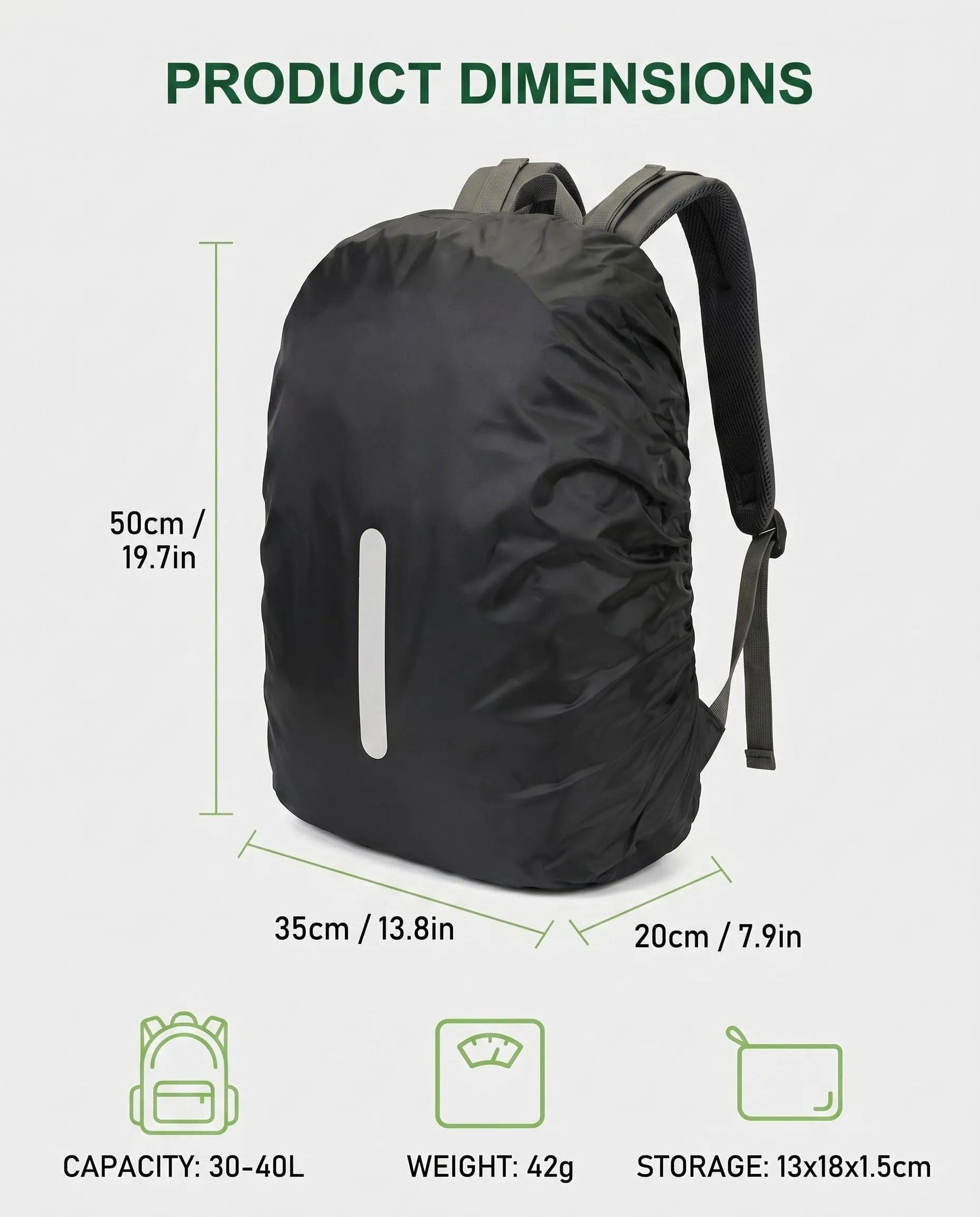 BTACGWP Copri Zaino Impermeabile 2 Pezzi, 30-40L Copri Zaino per Pioggia Riflessi Alta Visibilità Nero+Verde Fluorescente per Scuola Ciclismo Trekking - Sicurezza Notturna e Asciutto Garantito - immagine 2