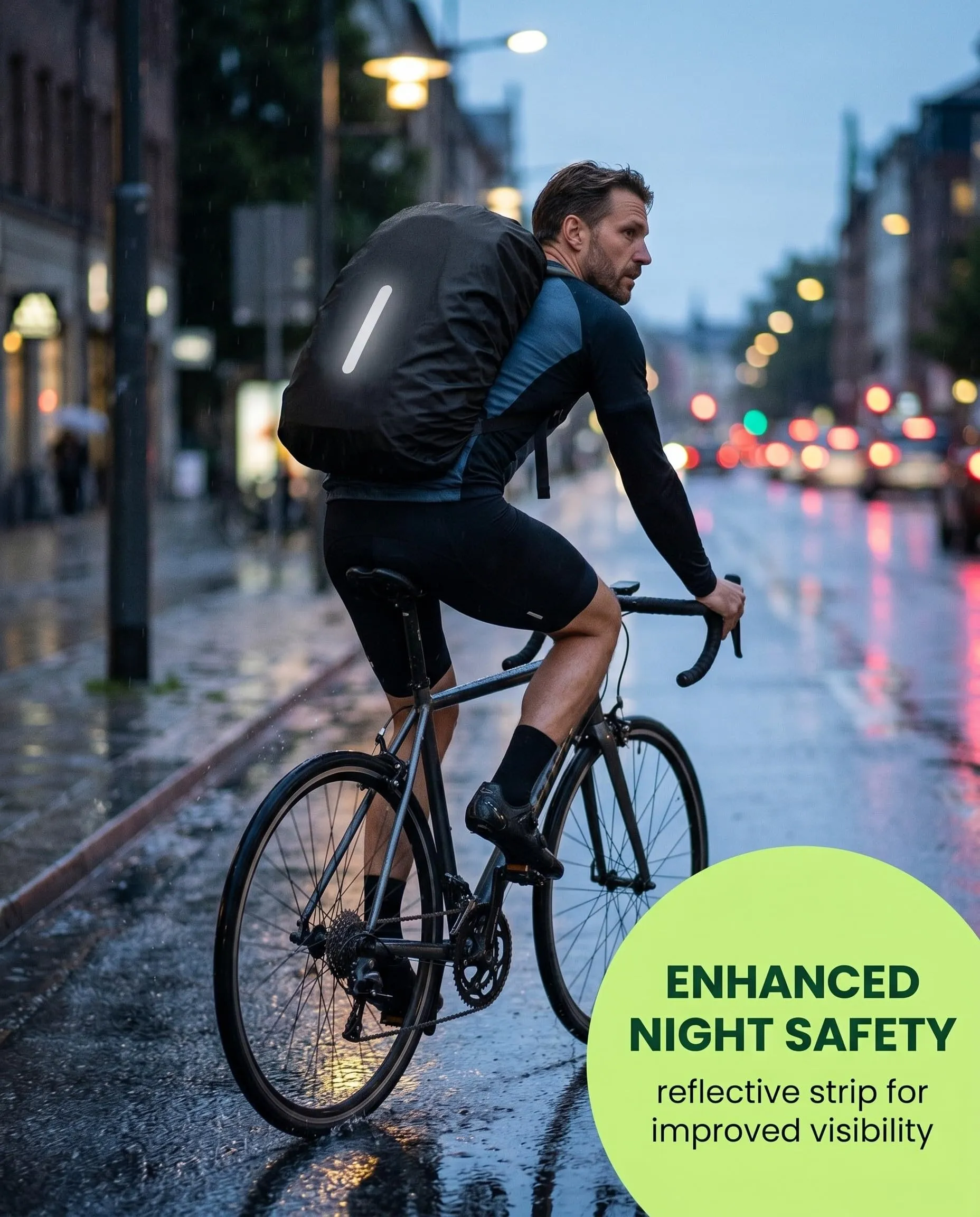 BTACGWP Copri Zaino Impermeabile 2 Pezzi, 30-40L Copri Zaino per Pioggia Riflessi Alta Visibilità Nero+Verde Fluorescente per Scuola Ciclismo Trekking - Sicurezza Notturna e Asciutto Garantito - immagine 3