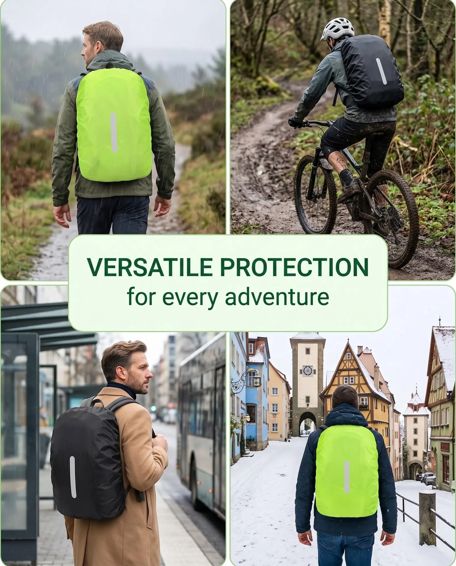 BTACGWP Copri Zaino Impermeabile 2 Pezzi, 30-40L Copri Zaino per Pioggia Riflessi Alta Visibilità Nero+Verde Fluorescente per Scuola Ciclismo Trekking - Sicurezza Notturna e Asciutto Garantito - immagine 4
