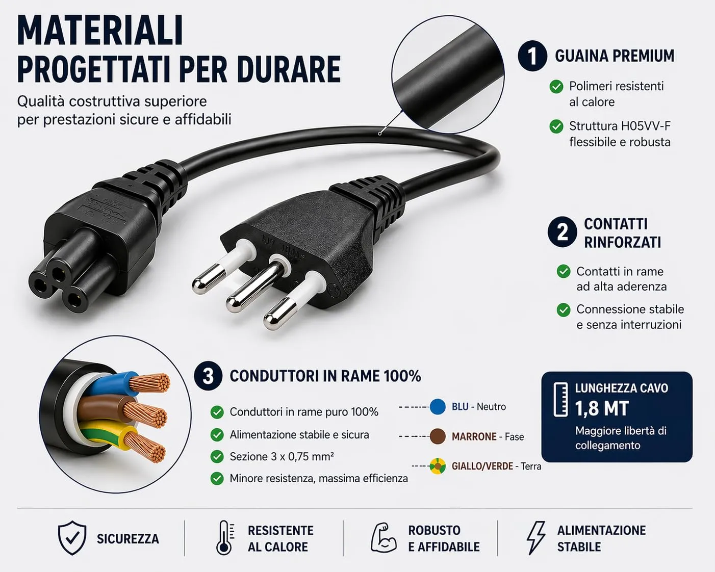 Cavo Alimentazione Notebook 1,8m IEC C5 Trifoglio – Spina Italiana 3 Poli 10A 250V IMQ | Cavo Alimentatore PC Portatile, Monitor, Stampante - Prometeo Electronics (6) - immagine 4