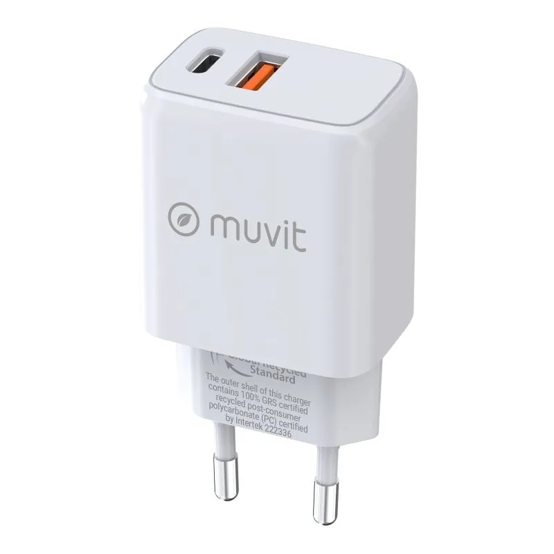 Muvit For Change Caricatore da Muro 1 USB QC 3.0 18w + 1 USB-C PD 25W Bianco - immagine 1