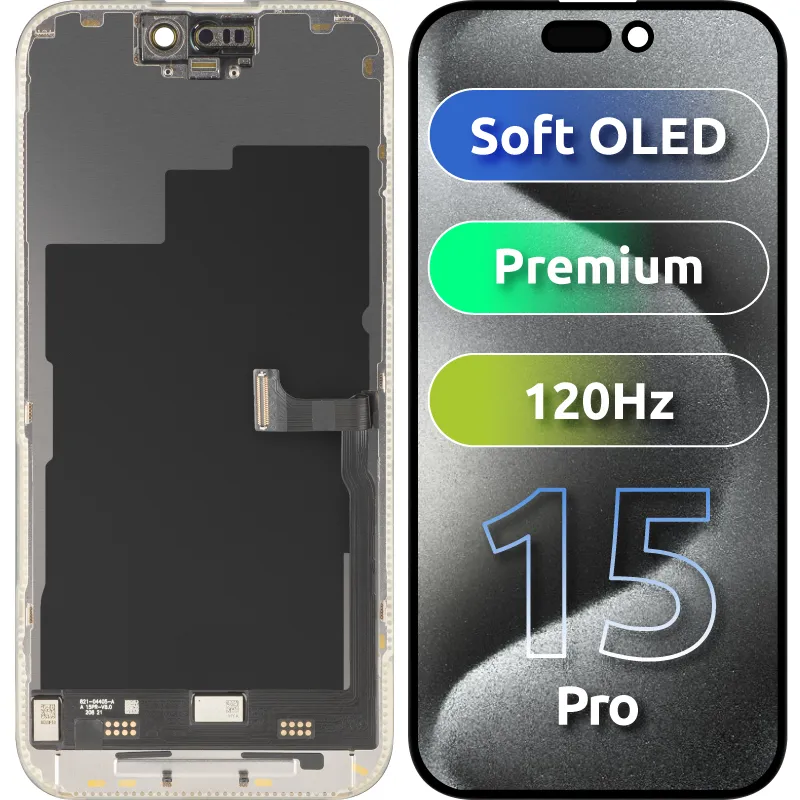 Display con Touchscreen MP compatibile con Apple iPhone 15 Pro, con Cornice, Versione Premium Soft OLED FHD 120Hz, Nero - immagine 1