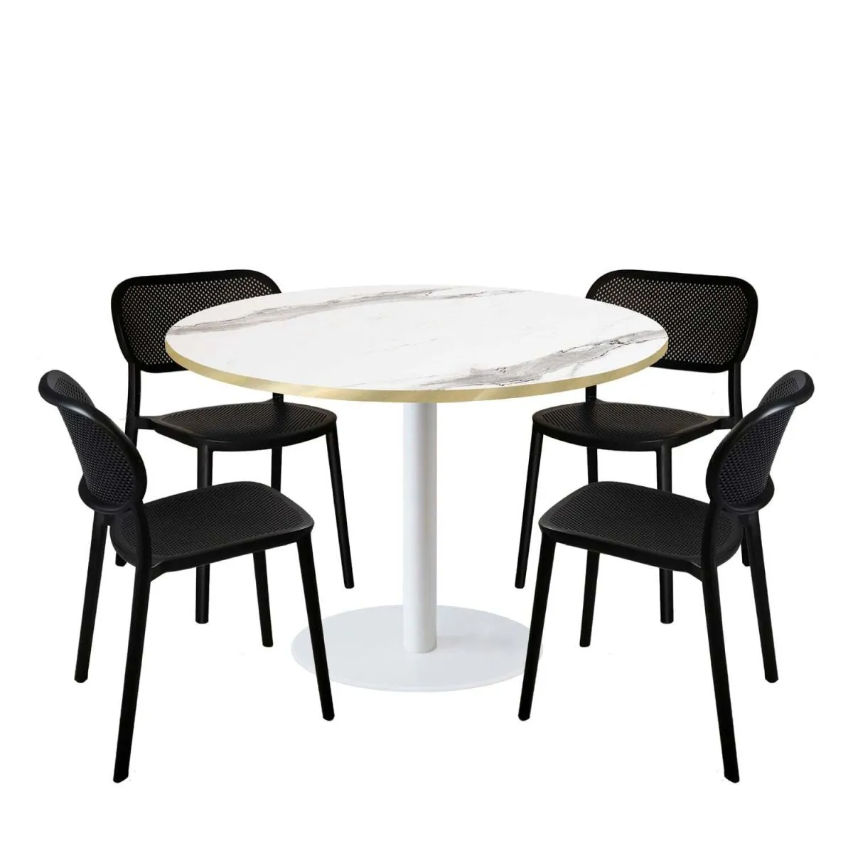 RestooTab Set tavolo Rome XL rotondo base bianco con 4 sedie - laminato pietra; 120x120x75x120 cm (LxLxHxØ); bianco/grigio/ottone; struttura nero; rotonda - immagine 1
