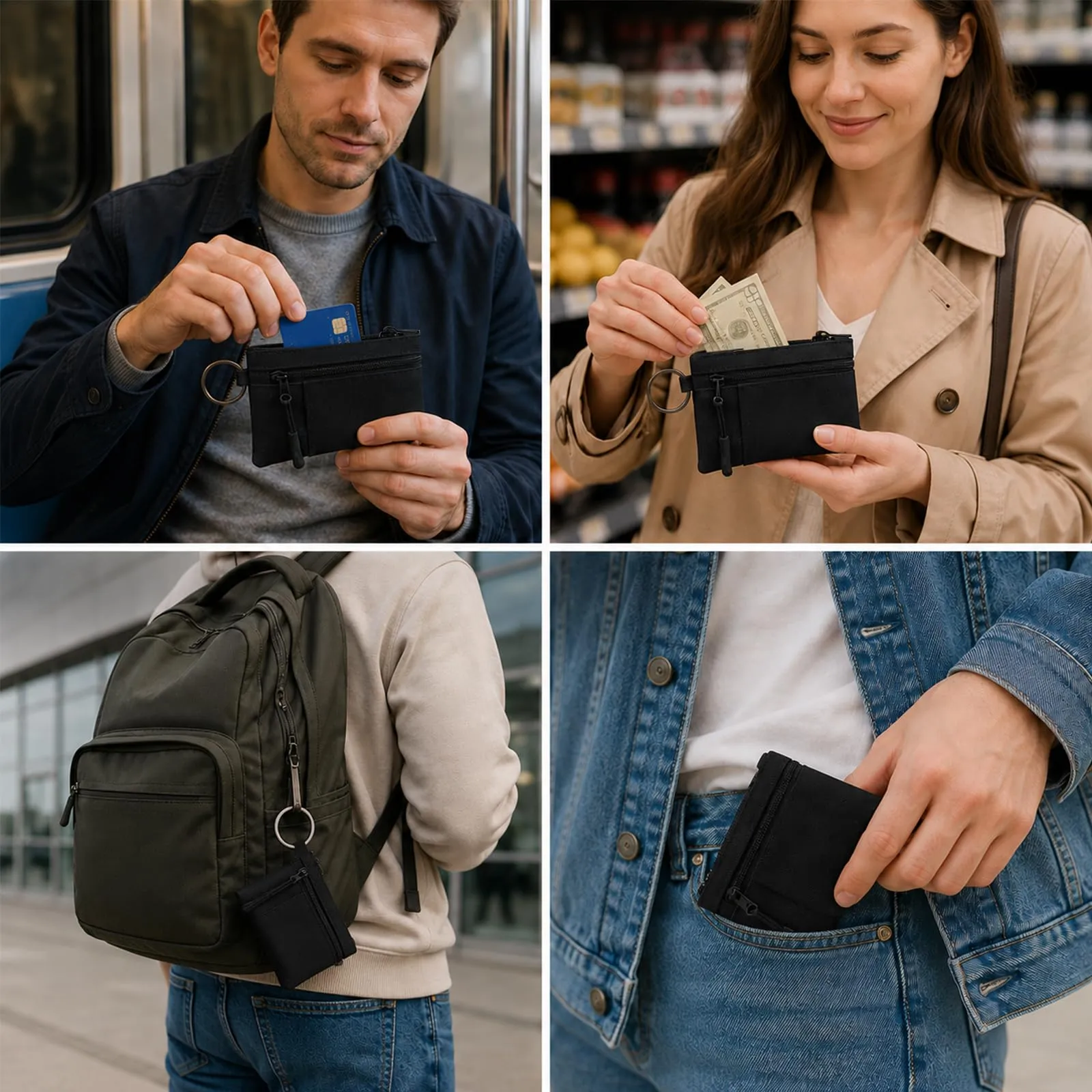 ZEMINRI Portafoglio Uomo Piccolo Slim con Zip, Portacarte Uomo Donna (Nero) - immagine 7