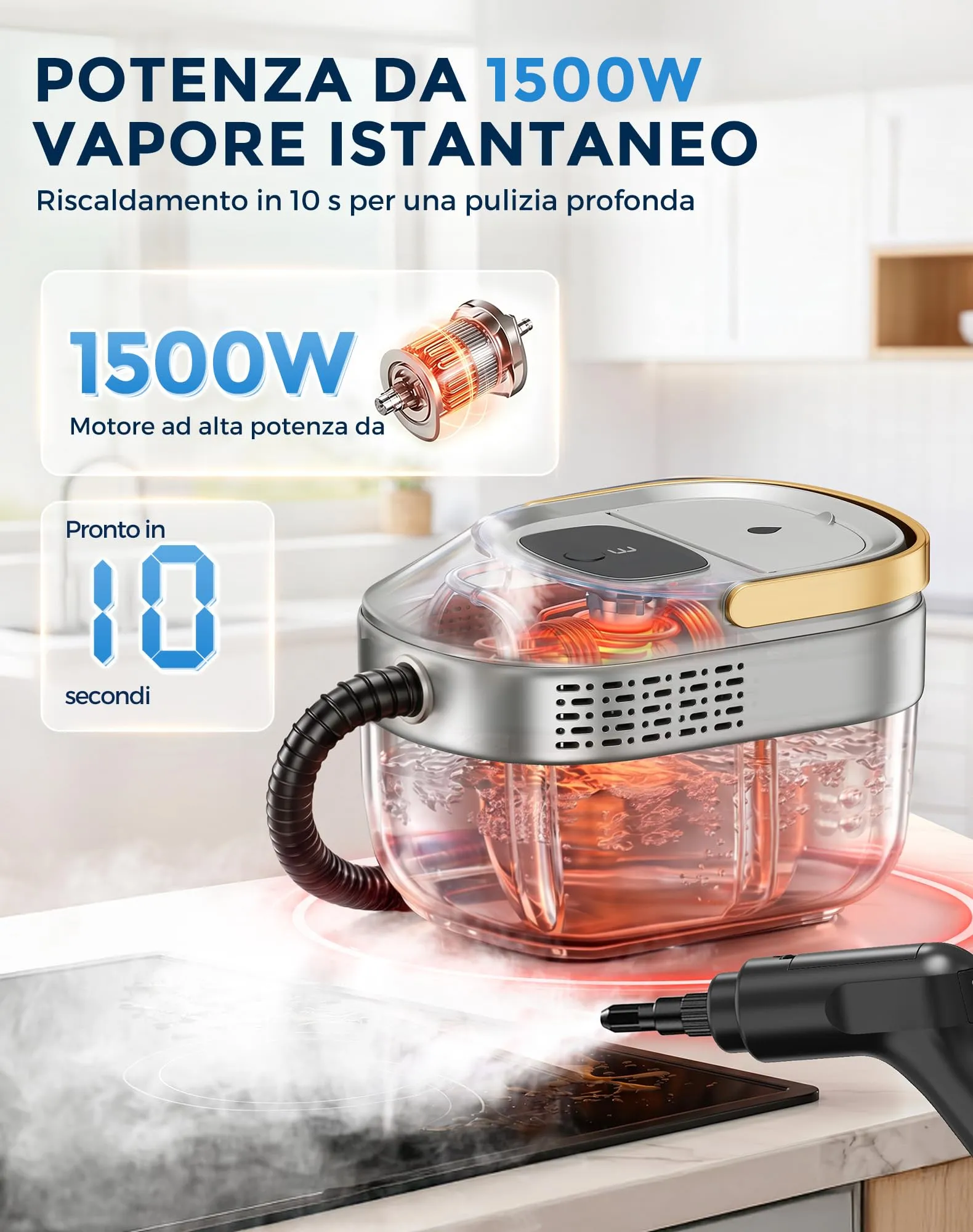 Fizicoo Pulitore a Vapore Portatile 1500W, Serbatoio 1,6L, 3 Livelli - immagine 2